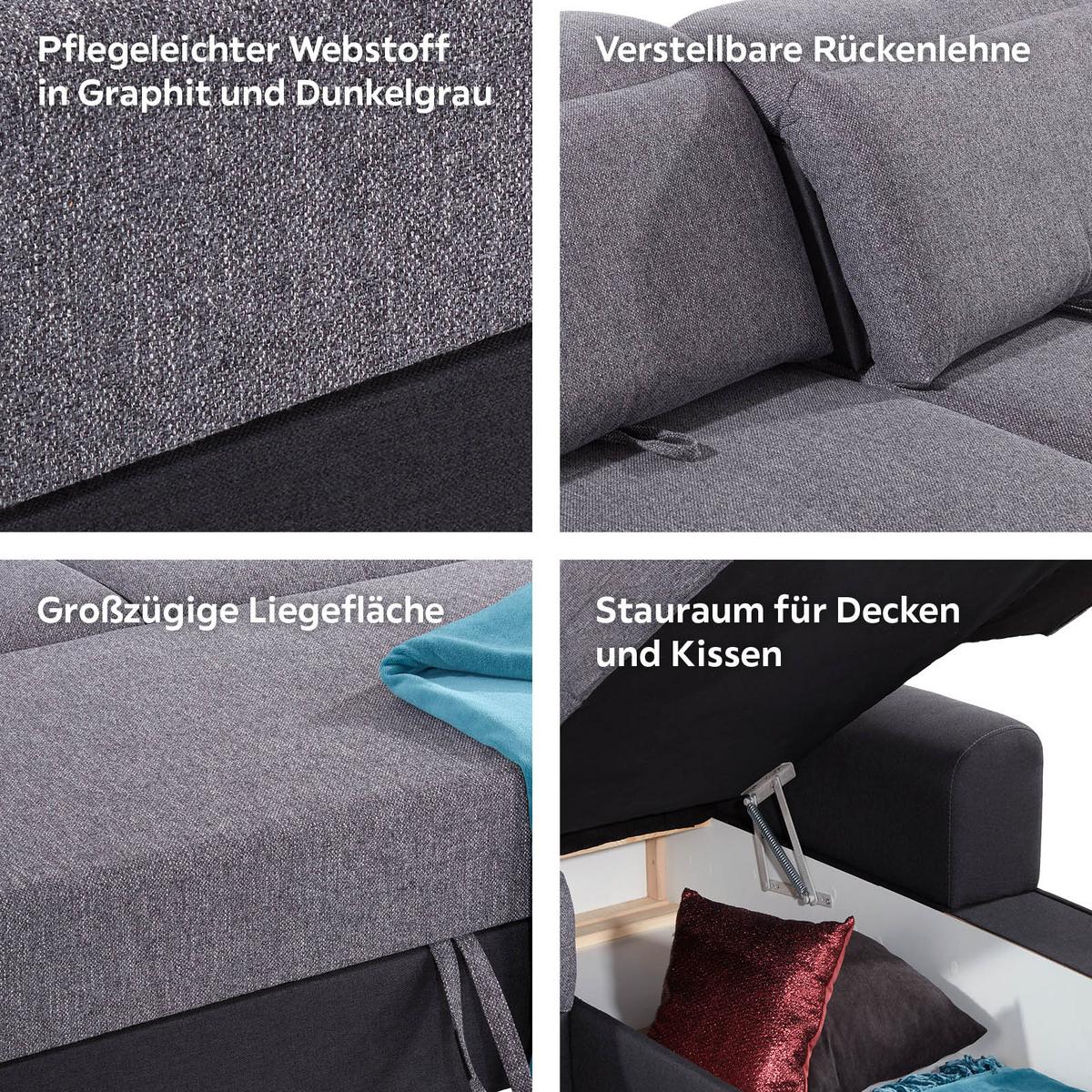 Ecksofa mit Schlaffunktion + Bettkasten Malaga, Webstoff - Silberfarben/Graphitfarben, KONVENTIONELL, Textil (286/203cm) - Ondega