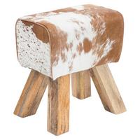 Taburetka hocker pravá koža/drevo - hnedá/biela, Natur, drevo/kožušina (40/47/30cm) - MID.YOU