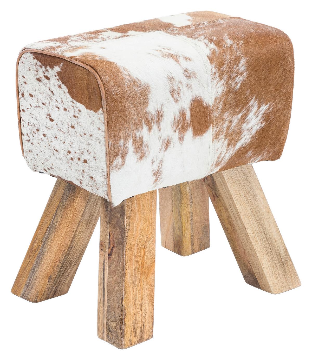 Taburetka hocker pravá koža/drevo - hnedá/biela, Natur, drevo/kožušina (40/47/30cm) - MID.YOU