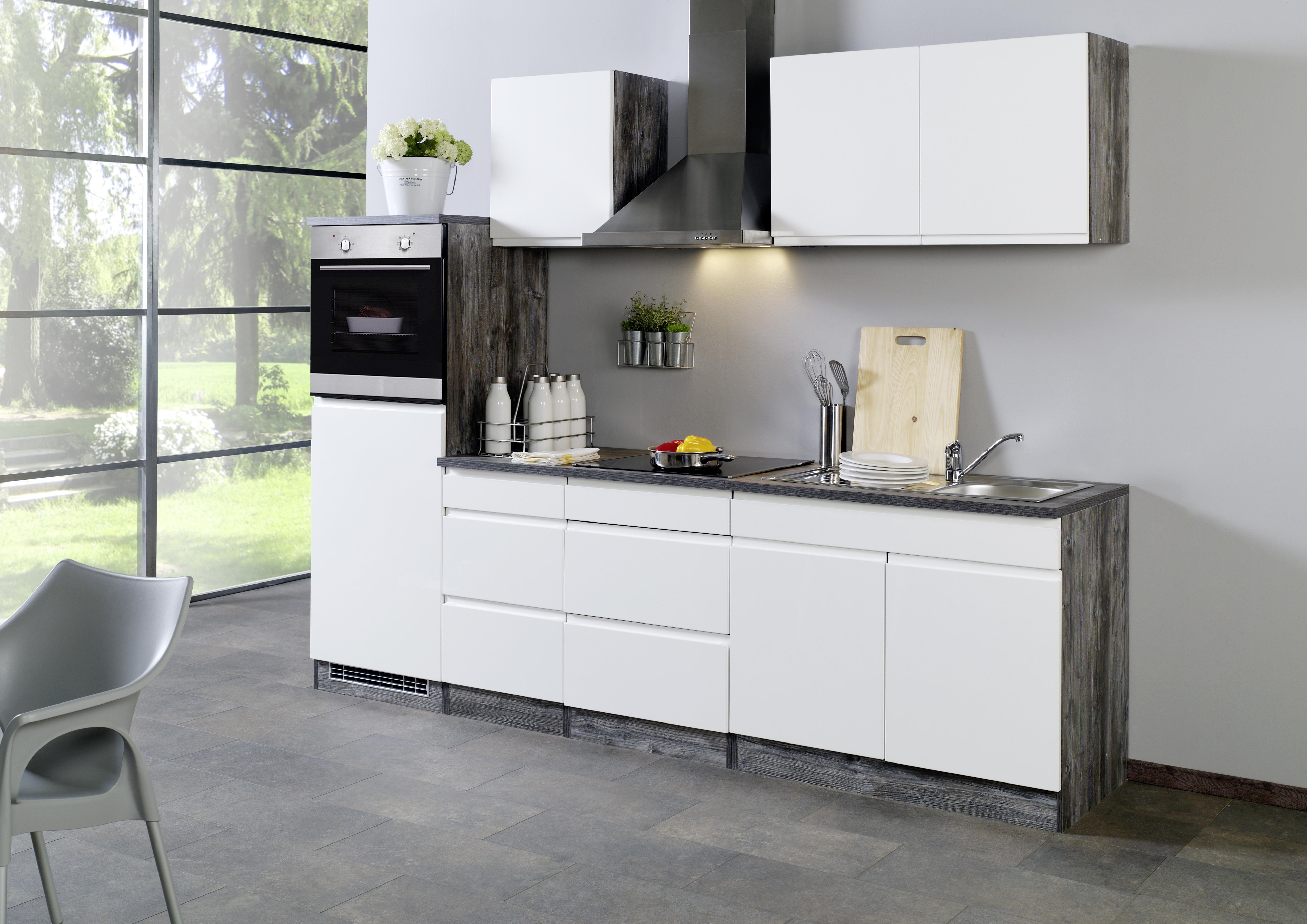 Küchenzeile Cardiff mit Geräten 270 cm Weiß Hochglanz/Eiche - Eichefarben/Weiß, Basics, Holzwerkstoff (270cm) - MID.YOU