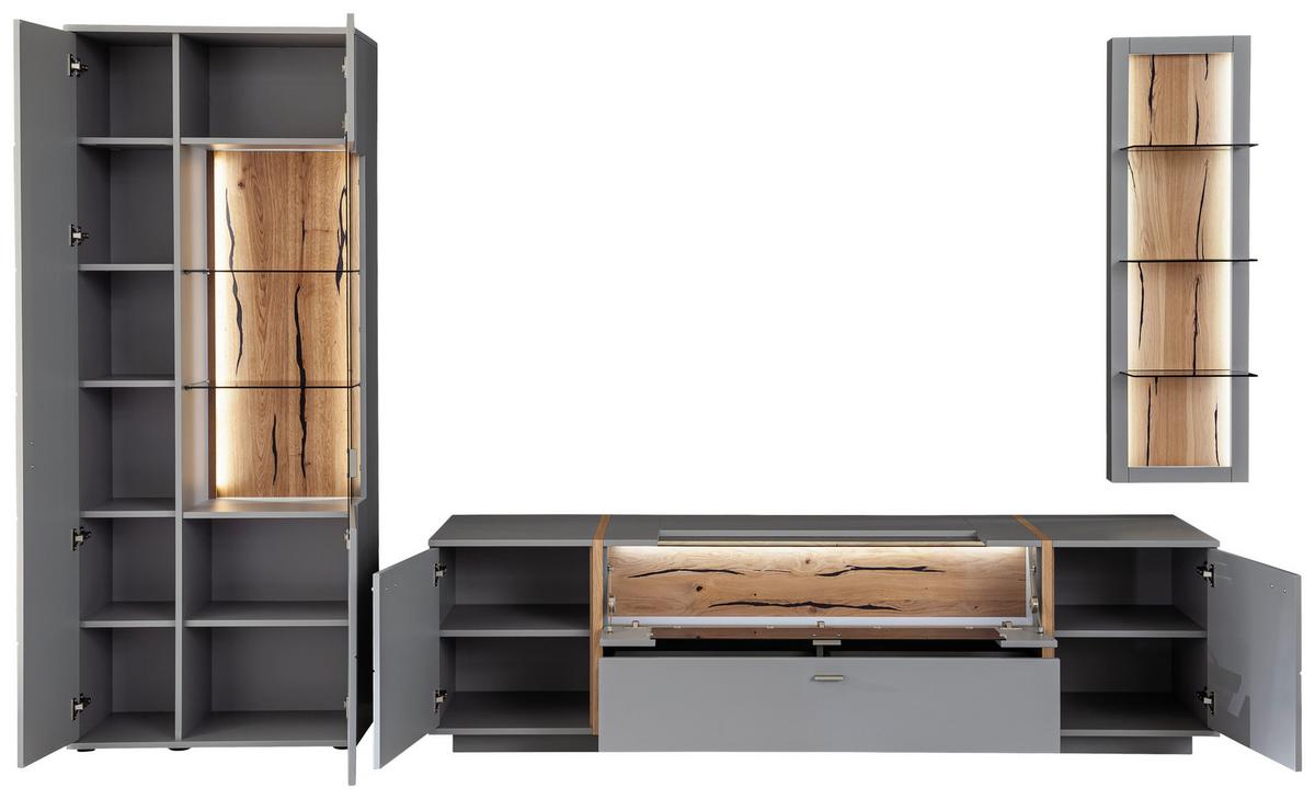 Wohnkombination teilmassiv 3--teilig. Sevilla Grau/Eiche - Eichefarben/Schwarz, Design, Glas/Holzwerkstoff (326/207/50cm) - MID.YOU