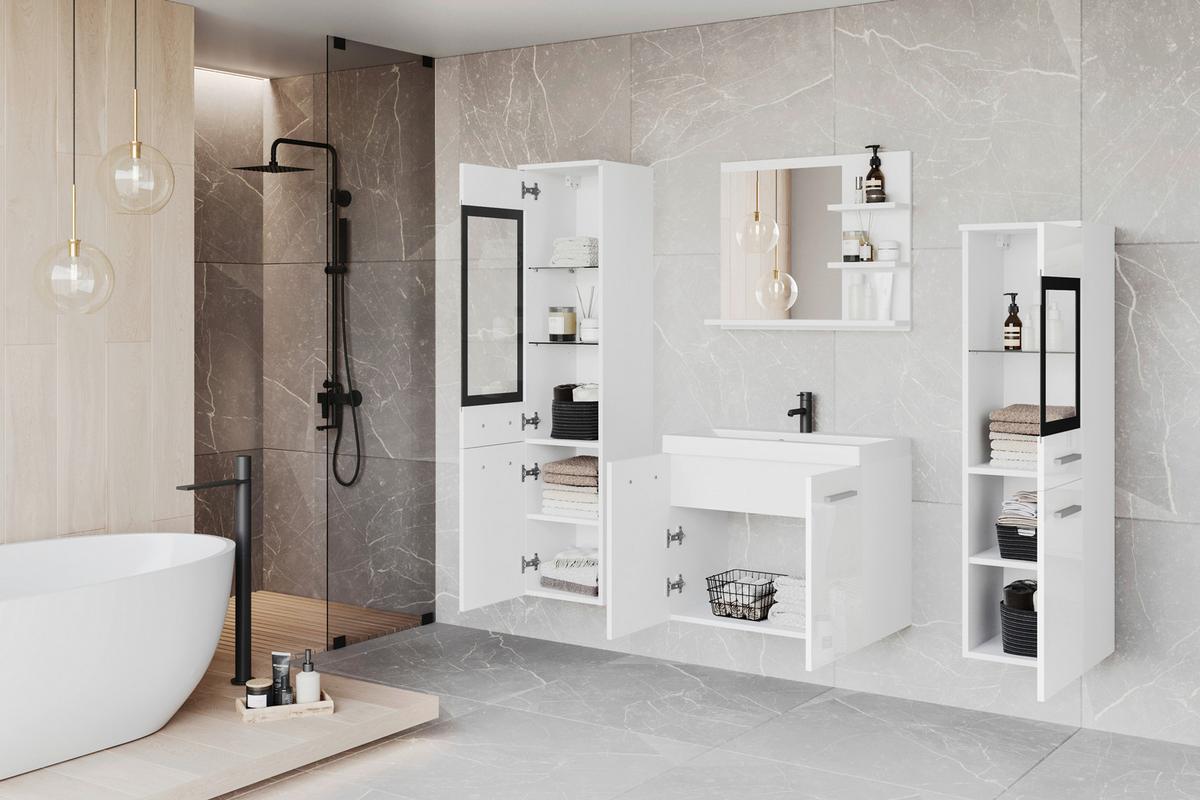 Badezimmer Madrit-Set 5-tlg weiß/weiß HG, B: 120,4 cm - Weiß Hochglanz/Weiß, LIFESTYLE, Glas/Keramik (120,4/131,5/34,5cm) - P & B