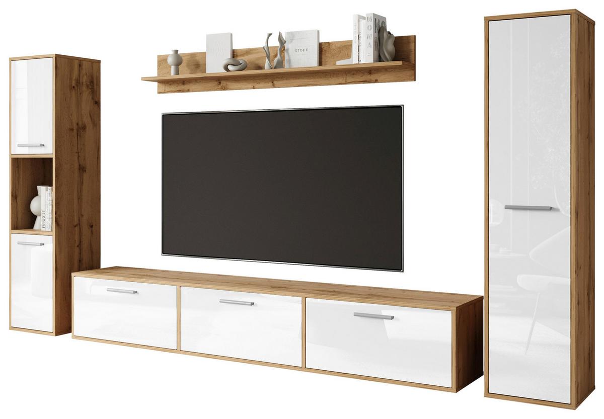 OBÝVACIA STENA BOGOTA XL WOTAN EICHE/WEISS - sivá/biela s vysokým leskom, Basics, kompozitné drevo/plast (240/130/31cm) - MID.YOU