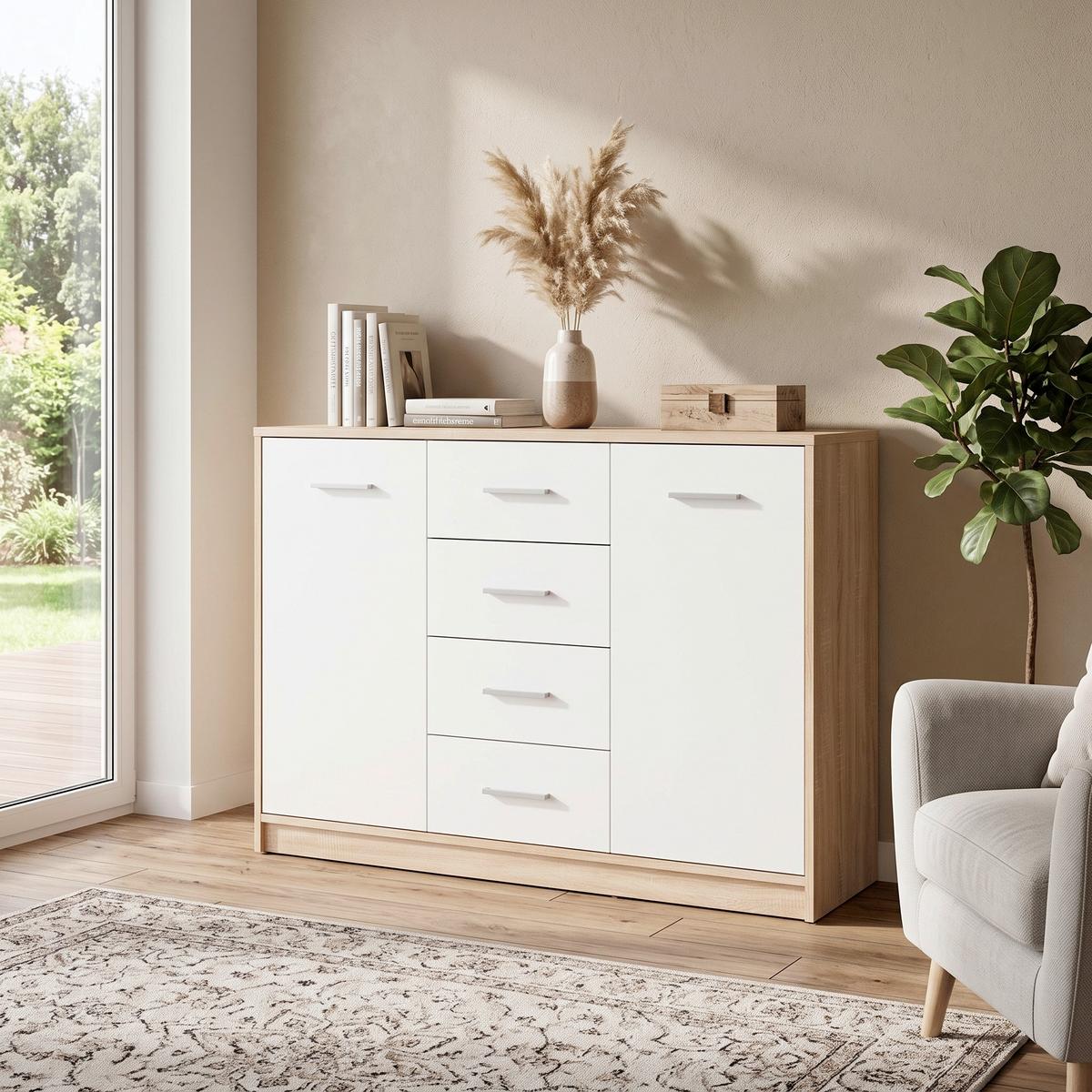 Kommode 118,5 cm Nepo Plus onoma Eiche Deko - Schwarz/Weiß, Design, Holzwerkstoff (118,5/84/34cm)