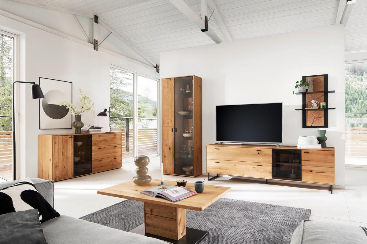Wohnwand Assini Wildeiche B: 306 cm - Wildeiche/Schwarz, Design, Glas/Holz (306/206/50cm) - MID.YOU