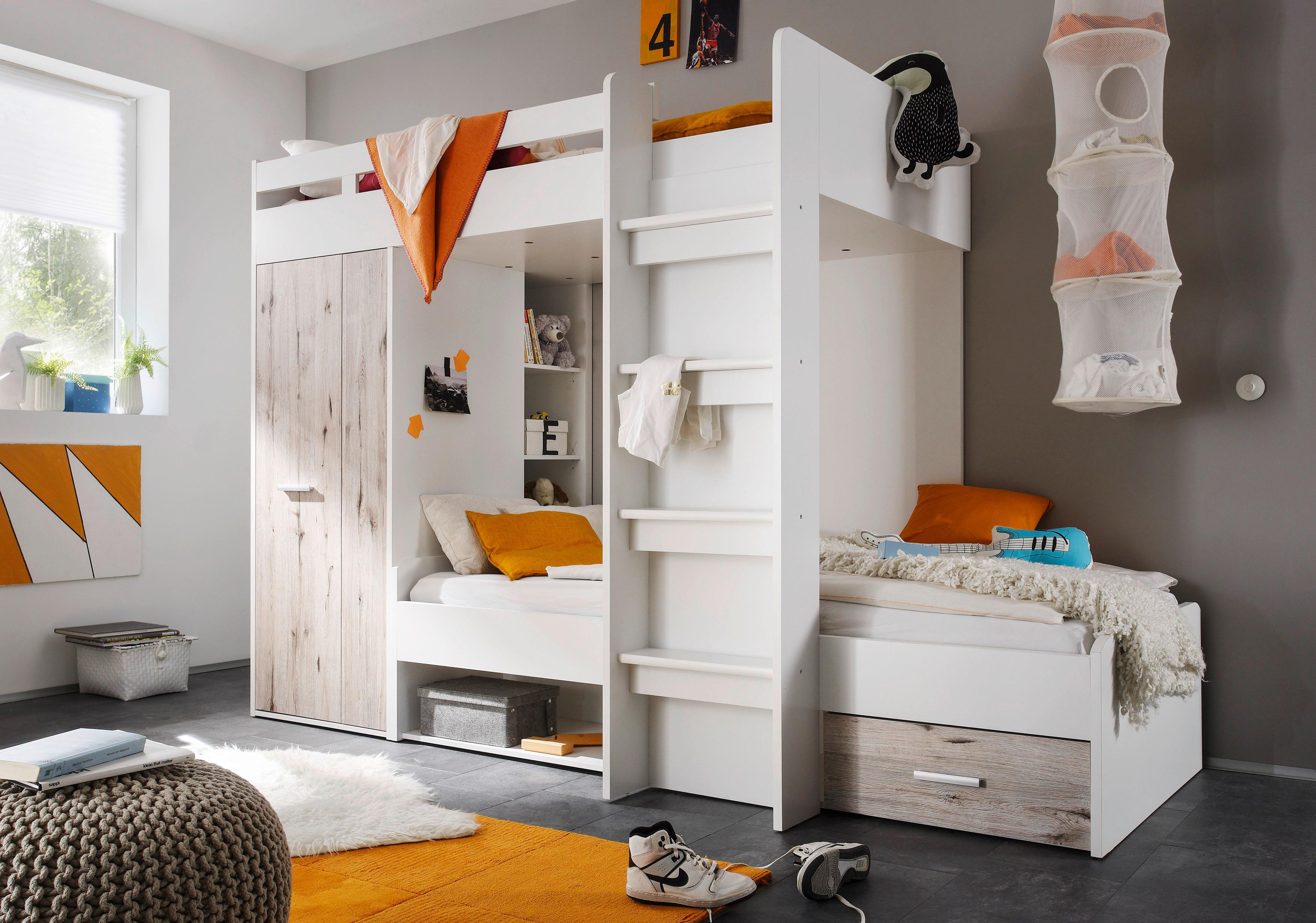 Etagenbett Maxi Weiß/Eiche Dekor 90 cm Schrank Stauraum - Eichefarben/Weiß, KONVENTIONELL, Holzwerkstoff (90/200cm) - MID.YOU