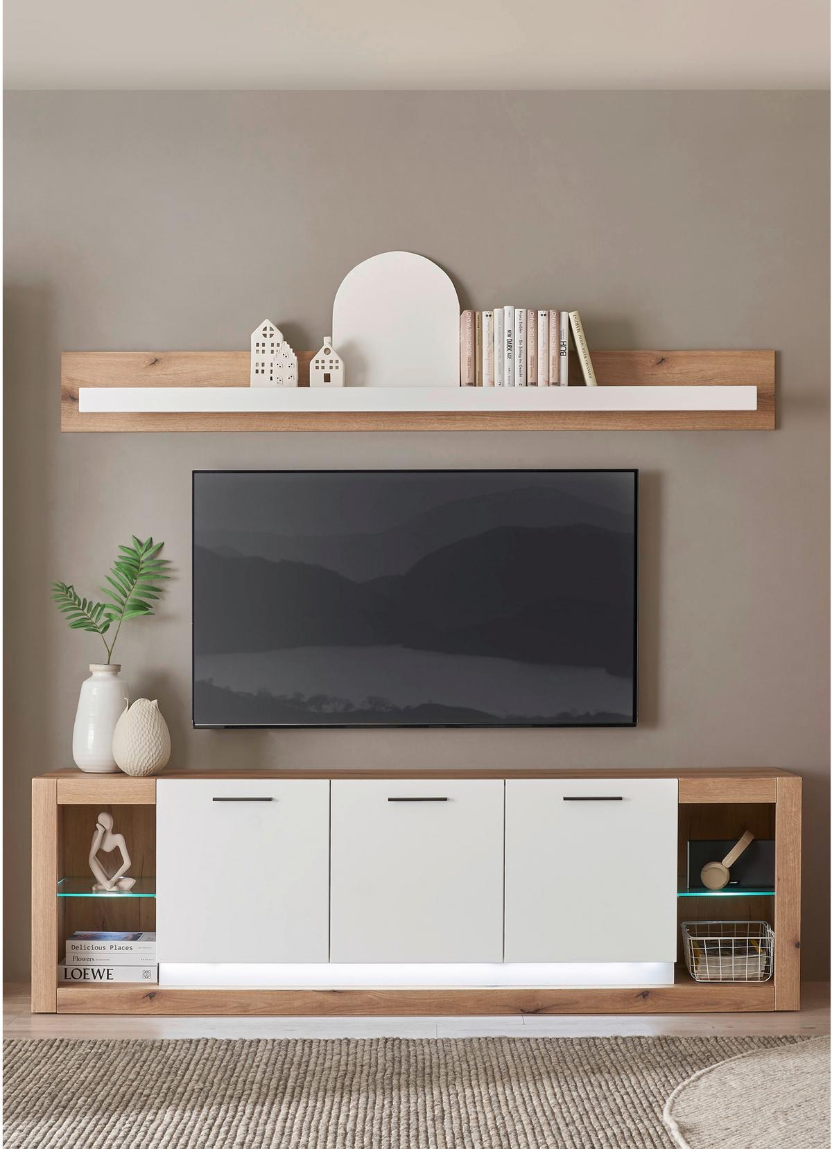 Wohnwand Brixen Weiß/Eichefarben B: 198cm - Eichefarben/Weiß, Design, Glas/Holzwerkstoff (198/170/43cm) - MID.YOU
