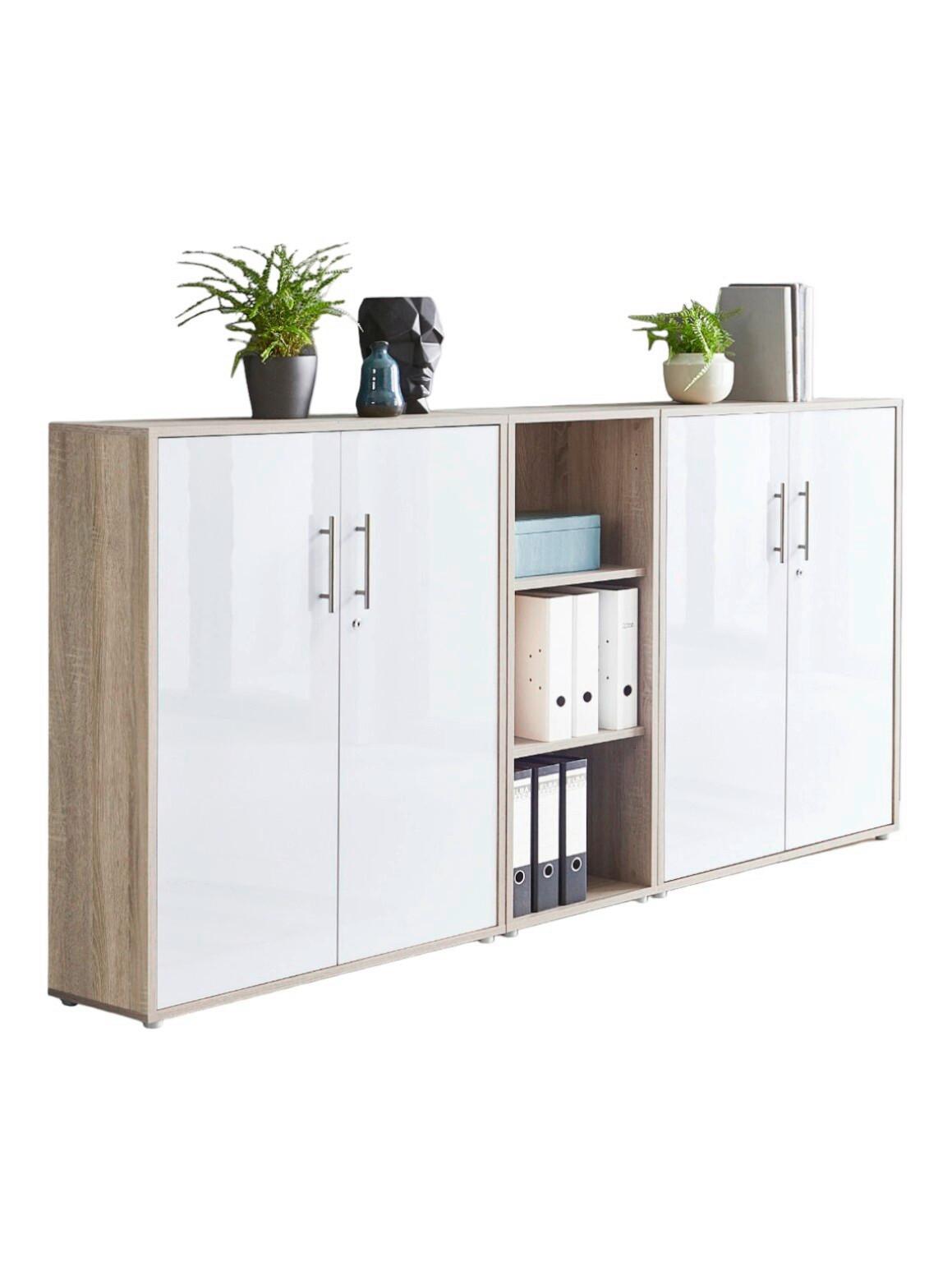 Office Edition B: 213 cm Sonoma Eiche/Weiß - Weiß Hochglanz/Sonoma Eiche, MODERN, Holzwerkstoff (213/114/33cm) - MID.YOU