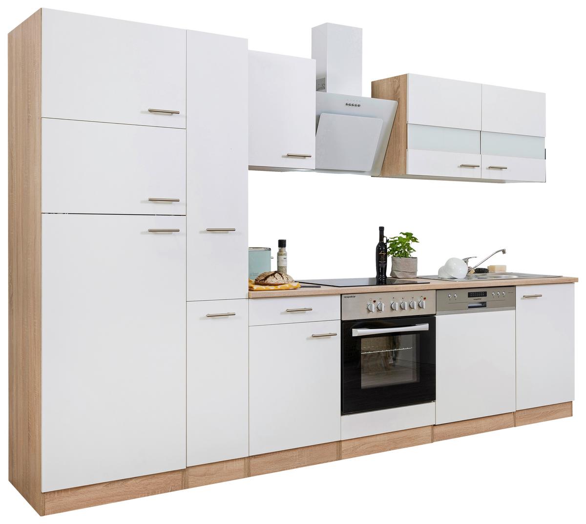 Küchenzeile Economy mit Geräten 310 cm Weiß/Eiche Dekor Modern - Eichefarben/Weiß, Basics, Holzwerkstoff (310cm) - Respekta