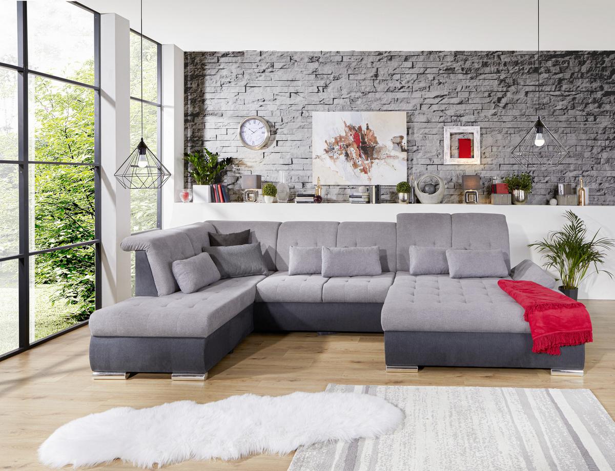Wohnlandschaft Madera Mit Schlaffunktion Anthrazit/Grau - Anthrazit/Silberfarben, MODERN, Kunststoff/Textil (212/358/190cm) - Ondega