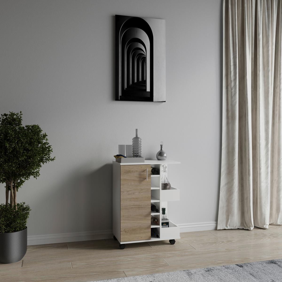 Servierwagen Esilo Weiß, Eiche Dekor B: 63 cm - Weiß/Sonoma Eiche, Design, Holzwerkstoff/Kunststoff (63/85/40cm) - MID.YOU