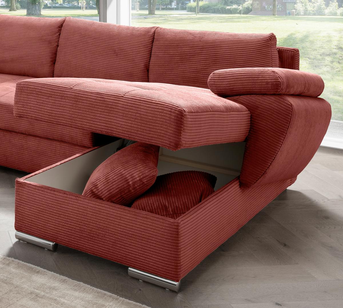Wohnlandschaft Terana mit Schlaffunktion, Koralle - Chromfarben/Koralle, KONVENTIONELL, Textil (219/305/157cm) - Livetastic
