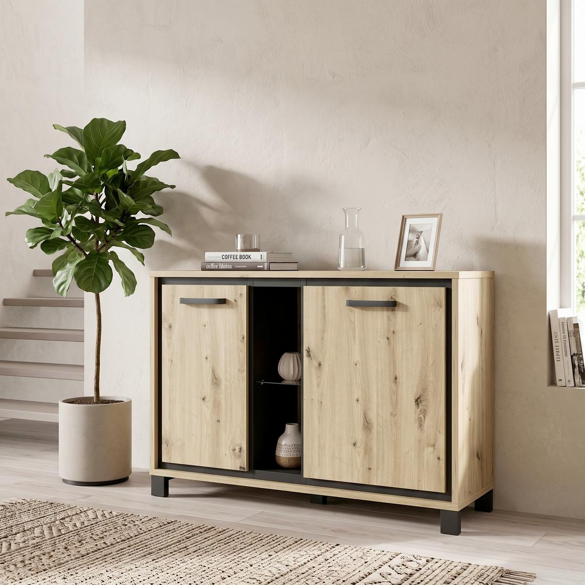 Kommode B: 120,4 cm Trondheim, Eiche Dekor/Schwarz - Eichefarben/Schwarz, Basics, Glas/Holzwerkstoff (120,4/81,3/41,5cm) - Livetastic