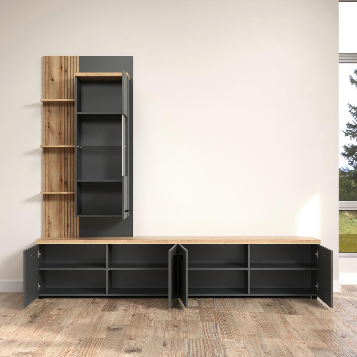 Wohnwand Baggio Anthrazit/Eiche B: 240cm - Eichefarben/Anthrazit, Design, Glas/Holzwerkstoff (240/212/40cm) - MID.YOU