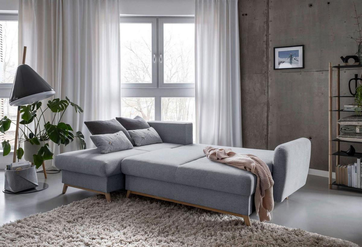 Sedačka LUCILE S, levá, sv.šedá, úl.prostor a lůžko - světle šedá/přírodní barvy, dřevo/textil (157/235cm) - MID.YOU