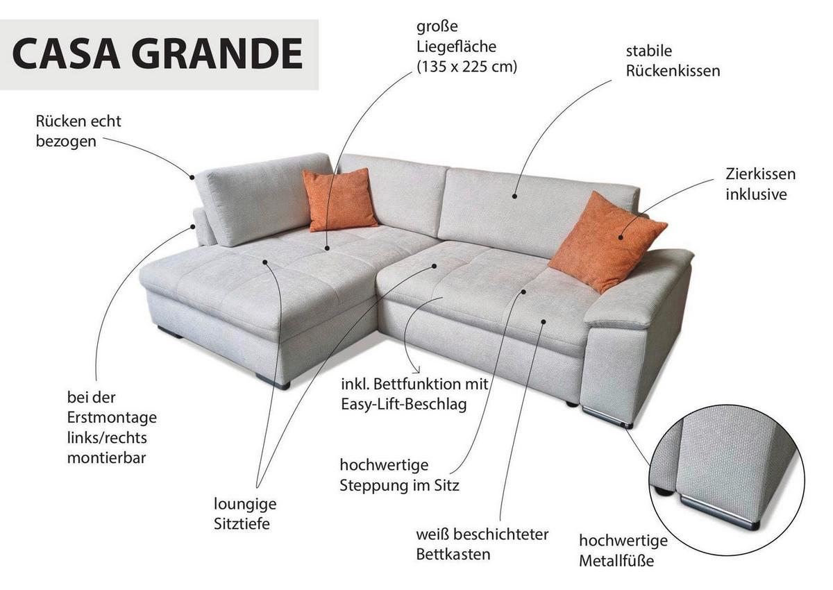 Ecksofa Casa Grande, Taupe Schenkel: 178x268 cm - Taupe/Rostfarben, Design, Textil (178/268cm) - Livetastic