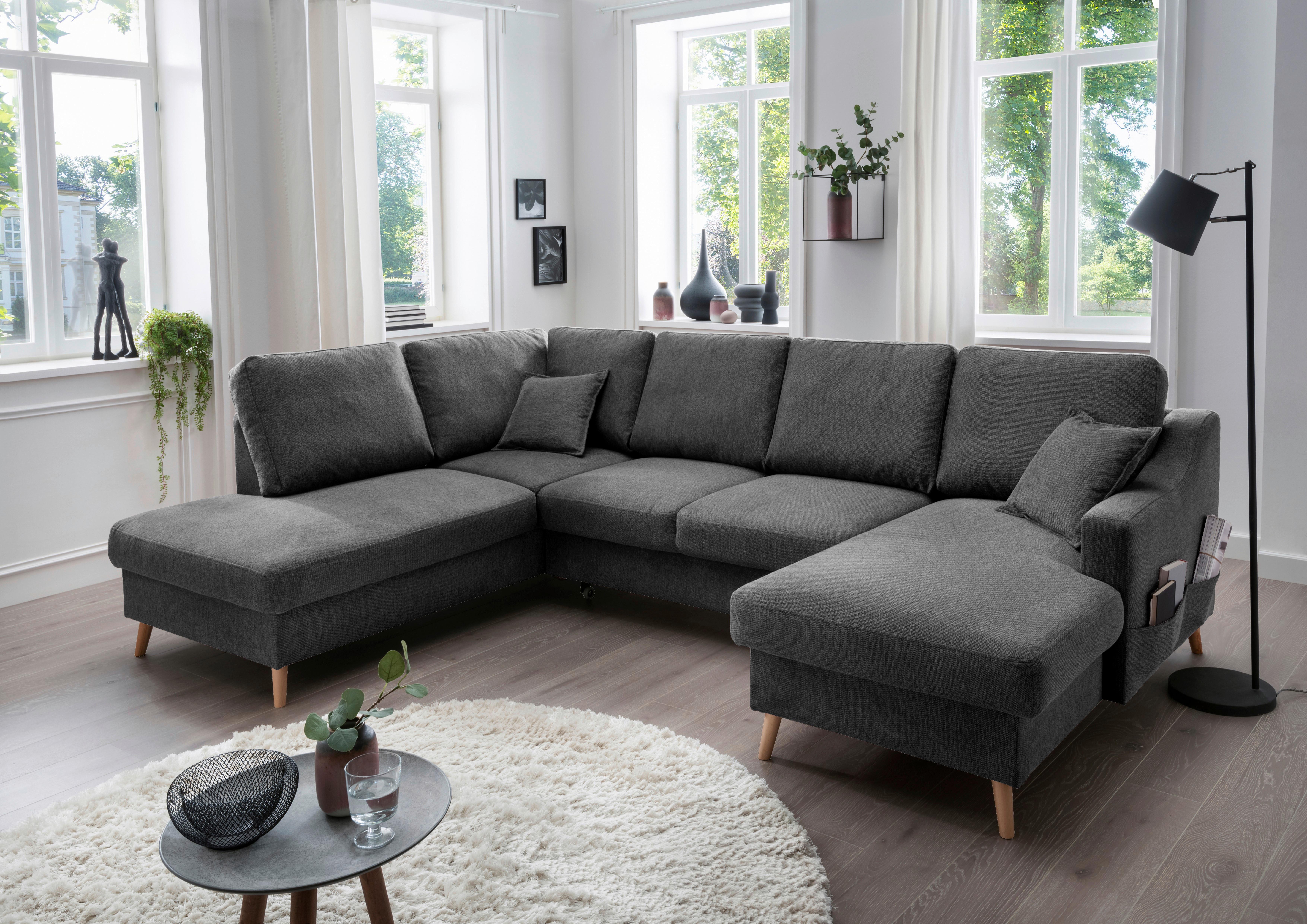 Wohnlandschaft Valentina Mit Schlaffunktion Anthrazit - Anthrazit/Naturfarben, KONVENTIONELL, Textil (200/301/150cm) - P & B