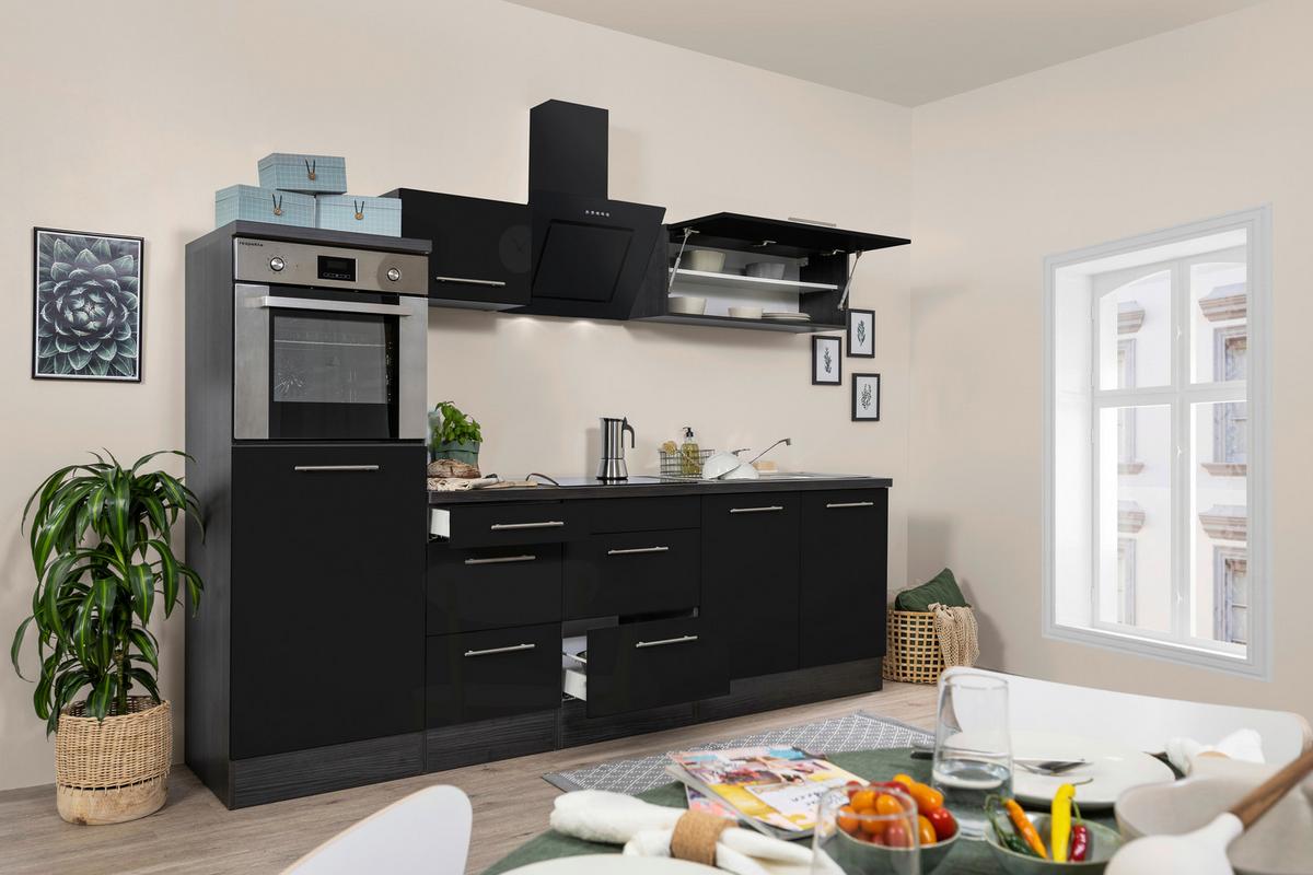 Küchenzeile mit Geräten 270 cm Schwarz Hochglanz - Eichefarben/Schwarz, Basics, Holzwerkstoff (270cm) - Respekta