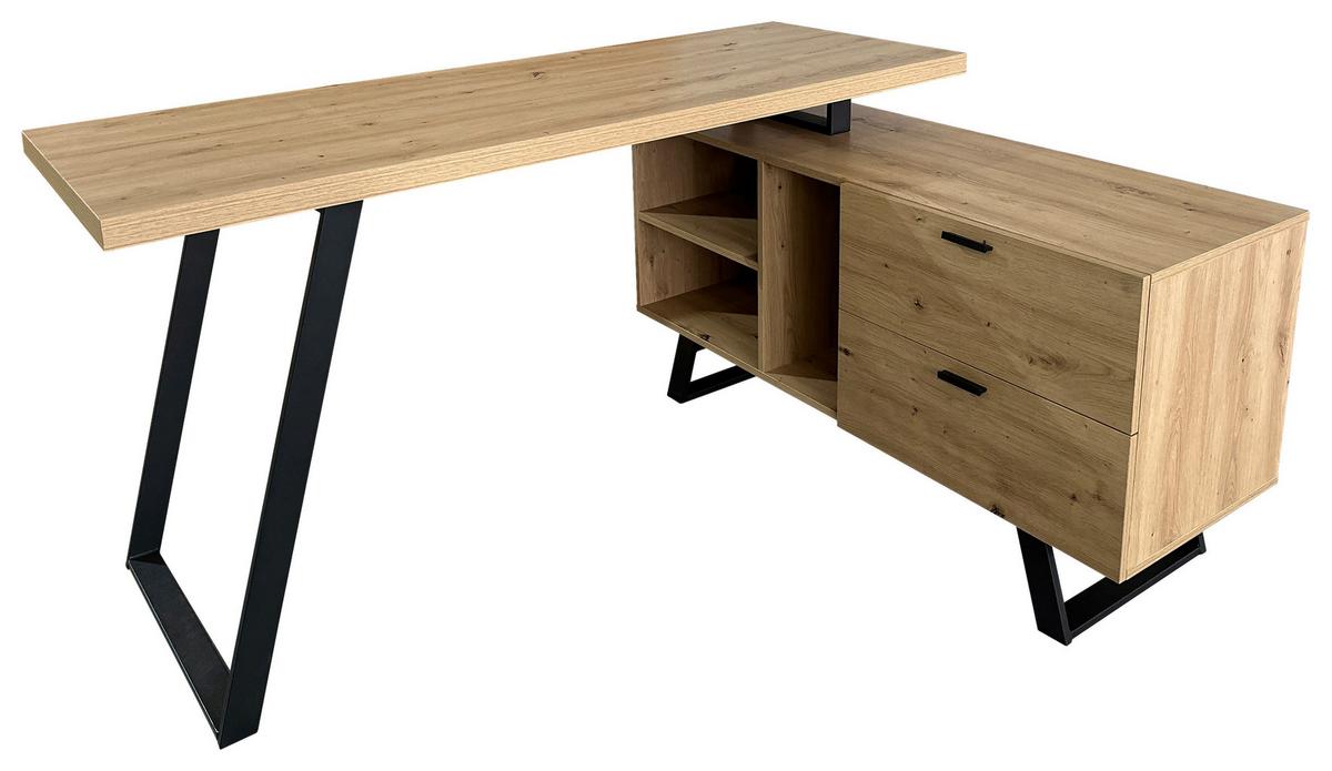 Eckschreibtisch mit Stauraum B 150cm H 75cm Corinna, Eiche - Eichefarben/Schwarz, MODERN, Holzwerkstoff/Metall (150/60/75cm) - MID.YOU