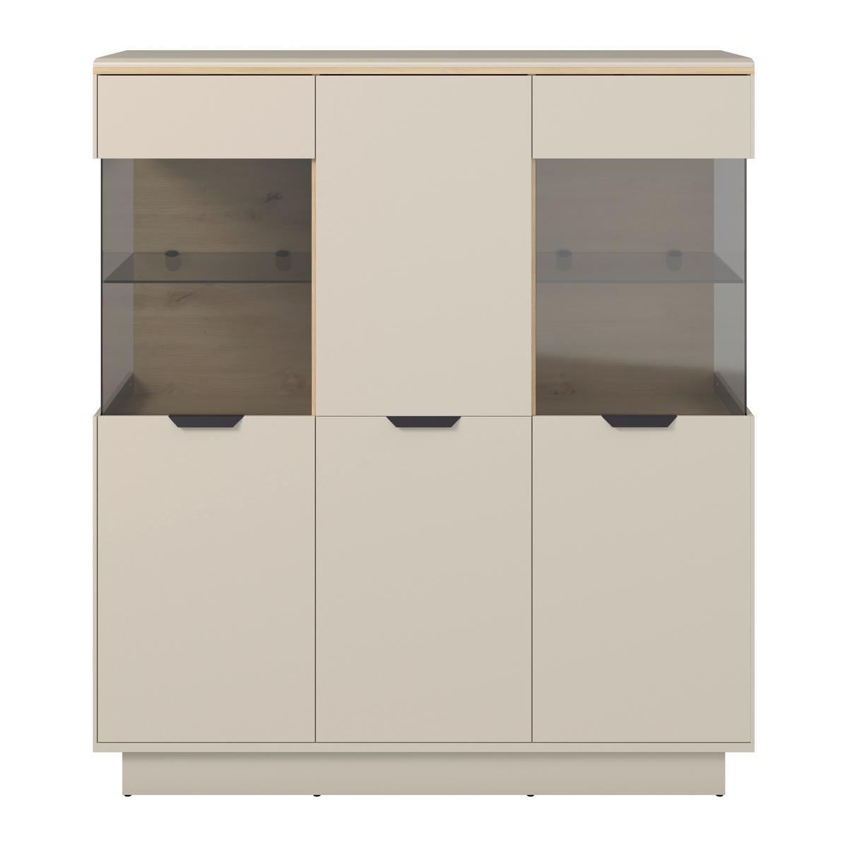 Highboard Darius Eiche Artisan/Kashmir,B:132cm - Kaschmir/Schwarz, Trend, Glas/Holzwerkstoff (132/148,3/37cm)