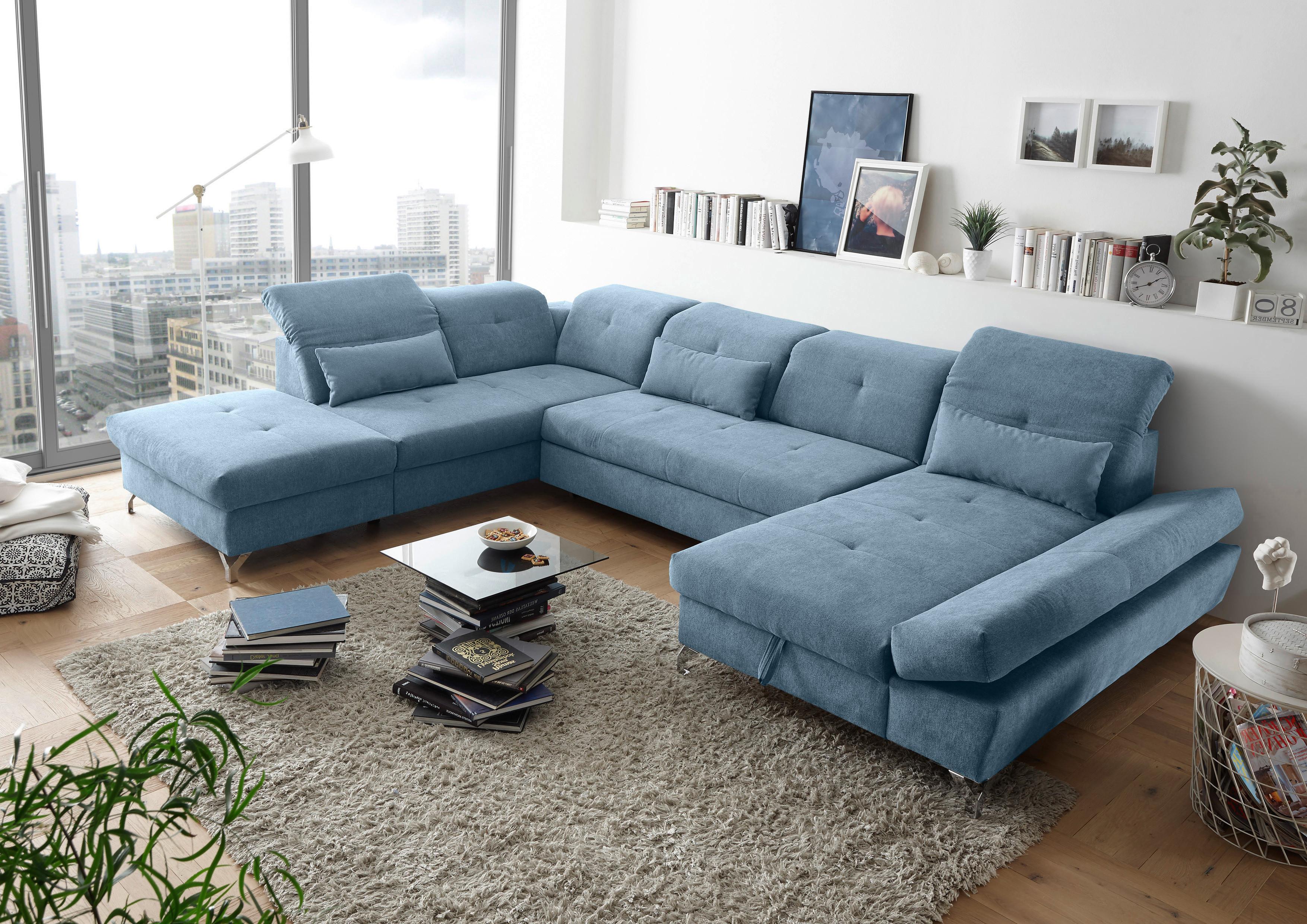Ecksofa Melfi Blau U: 245 cm - Blau/Silberfarben, MODERN, Textil (245/350/168cm) - MID.YOU