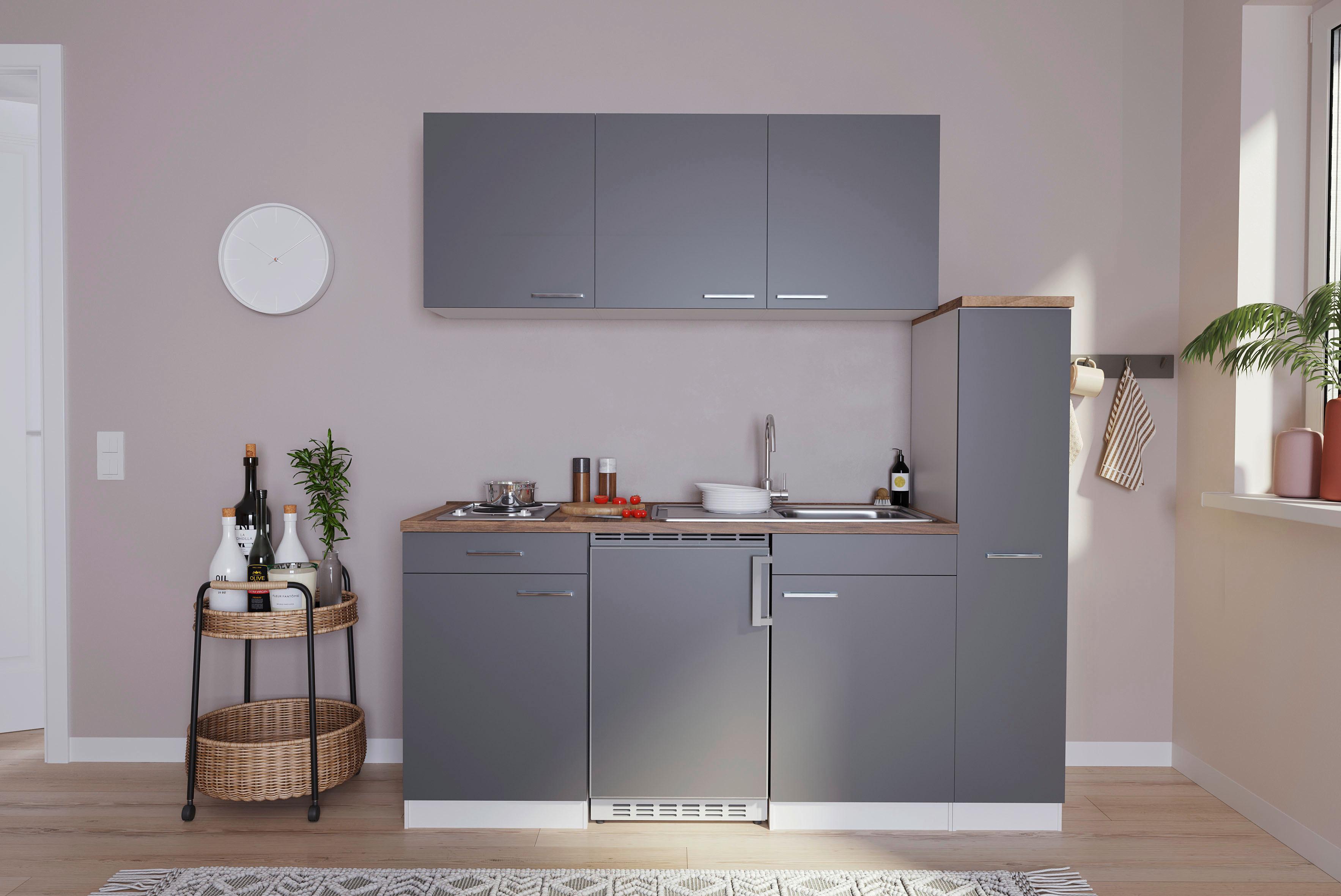 Küchenzeile Economy mit Geräten 180 cm Grau/Nussbaum Dekor - Nussbaumfarben/Weiß, Basics, Holzwerkstoff (180cm) - Respekta