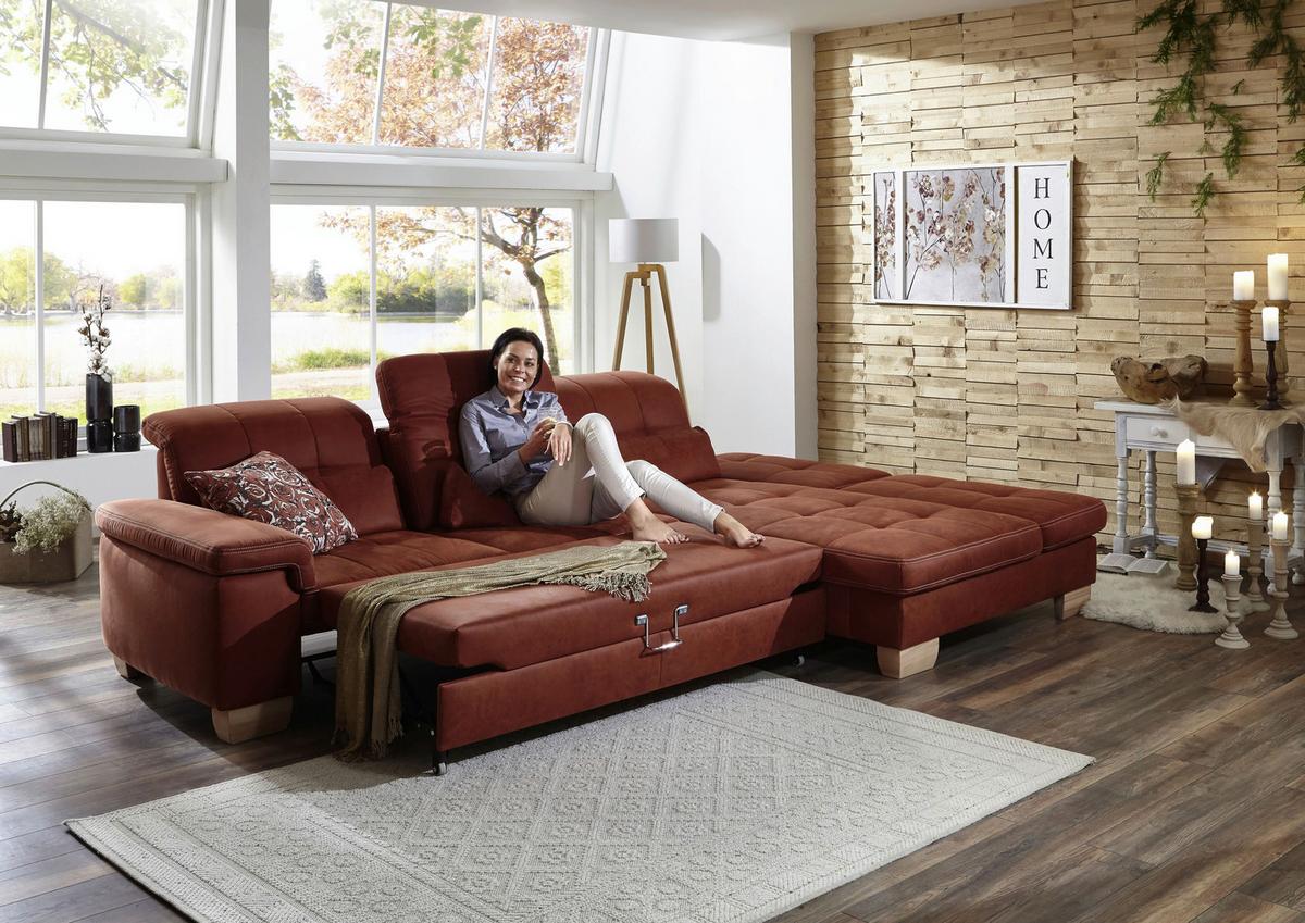 Sedací souprava ELLA, pravá, cihlová, s funkcemi - divoký dub/terracotta, Moderní, dřevo/textil (273/243cm)