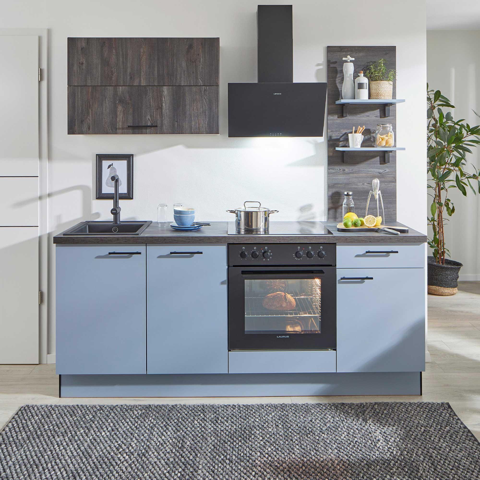 Einbauküche Pn105 / Pn 100 - Eiche dunkel/Pastellblau, Basics, Holzwerkstoff (205cm) - Pino