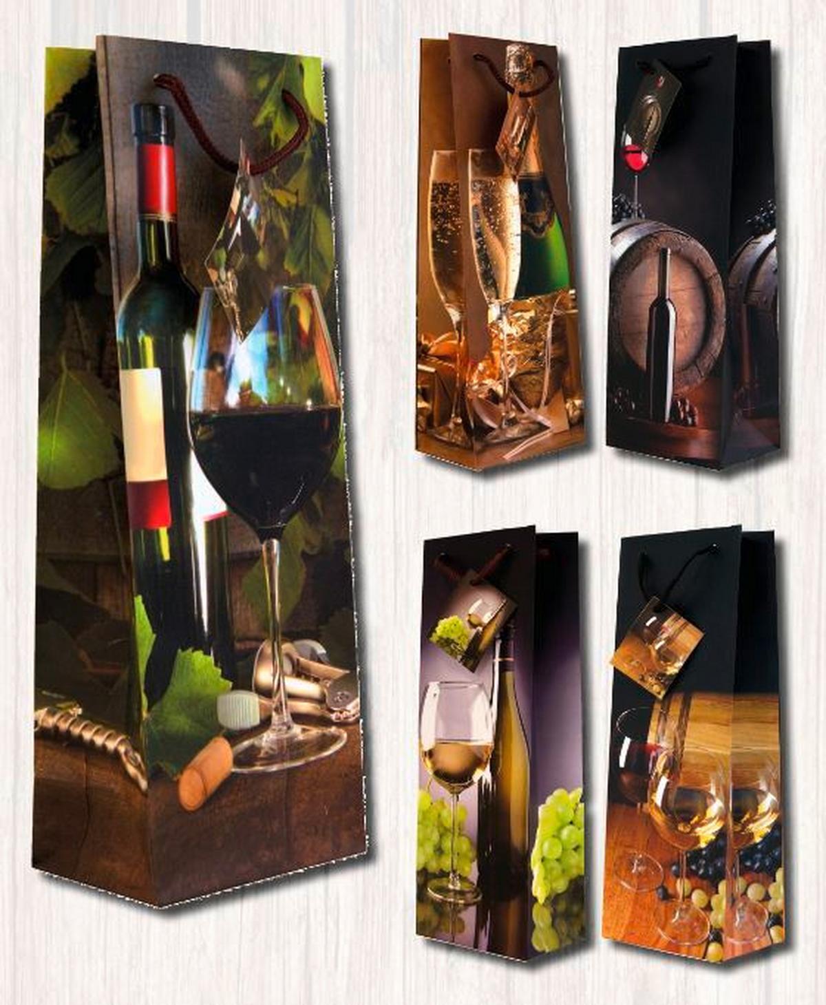 Geschenktasche Weinmotive Karton 13x36 cm mit Tragegriff - Rotbraun/Schwarz, Basics, Karton (13/36/9cm)