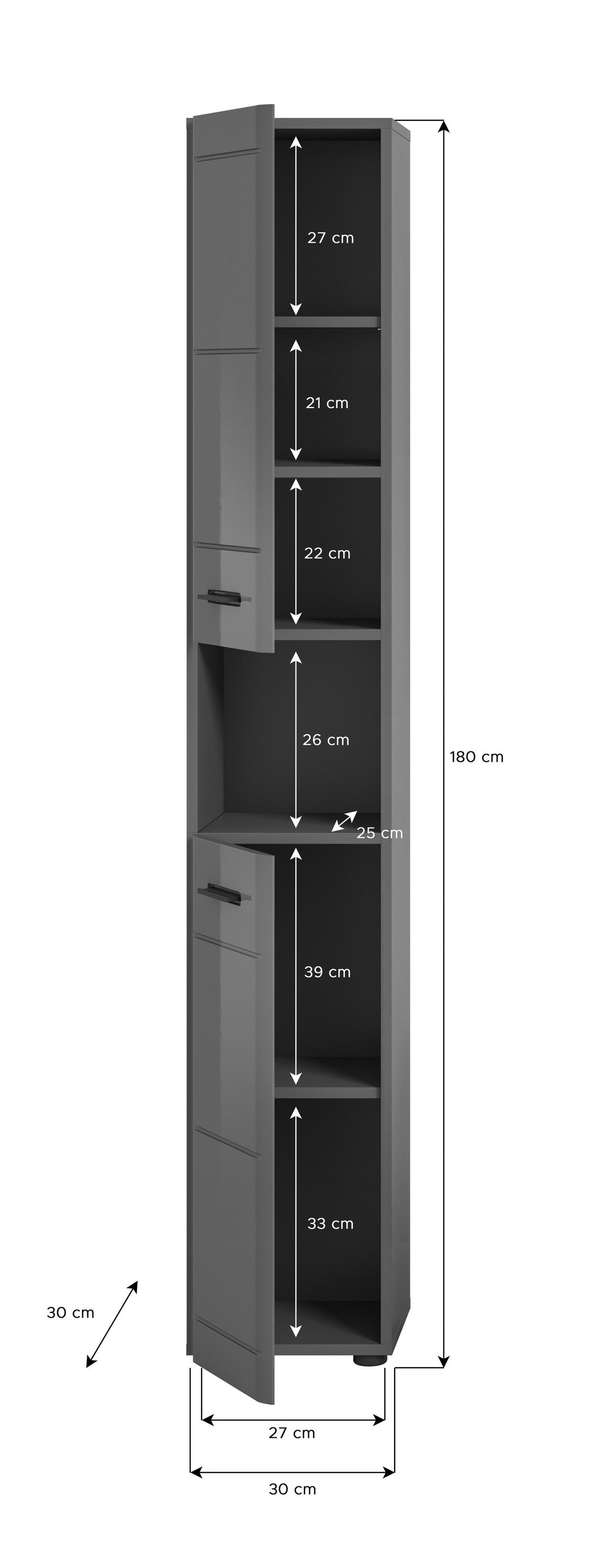 Hochschrank Soft 2-Türig Bxh: 30x180 Cm - Grau Hochglanz/Schwarz, MODERN, Holzwerkstoff (30/180/30cm) - MID.YOU