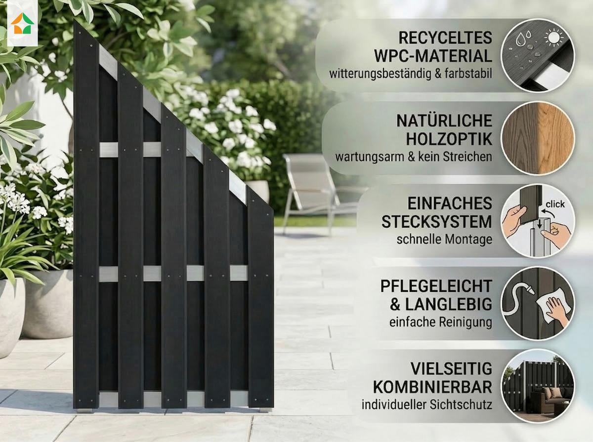 WPC Sichtschutz-Schrägelement schwarz - Schwarz, Basics, Kunststoff (90/90/180cm)