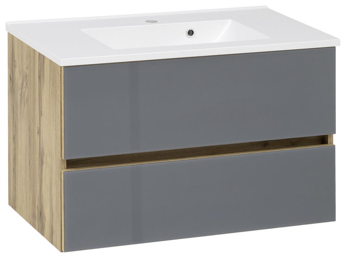 Badmöbel-Set 3-Tlg. inkl. LED Helsinki B: 80 cm, Grau/Eiche - Eichefarben/Weiß, KONVENTIONELL, Glas/Holzwerkstoff (80cm) - Held