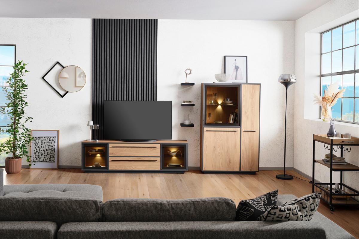 Sideboard Nadiro B: 187 Cm Wildeiche Dekor/schwarz Matt - Eichefarben/Schwarz, Trend, Glas/Holzwerkstoff (187/83/40cm) - Livetastic