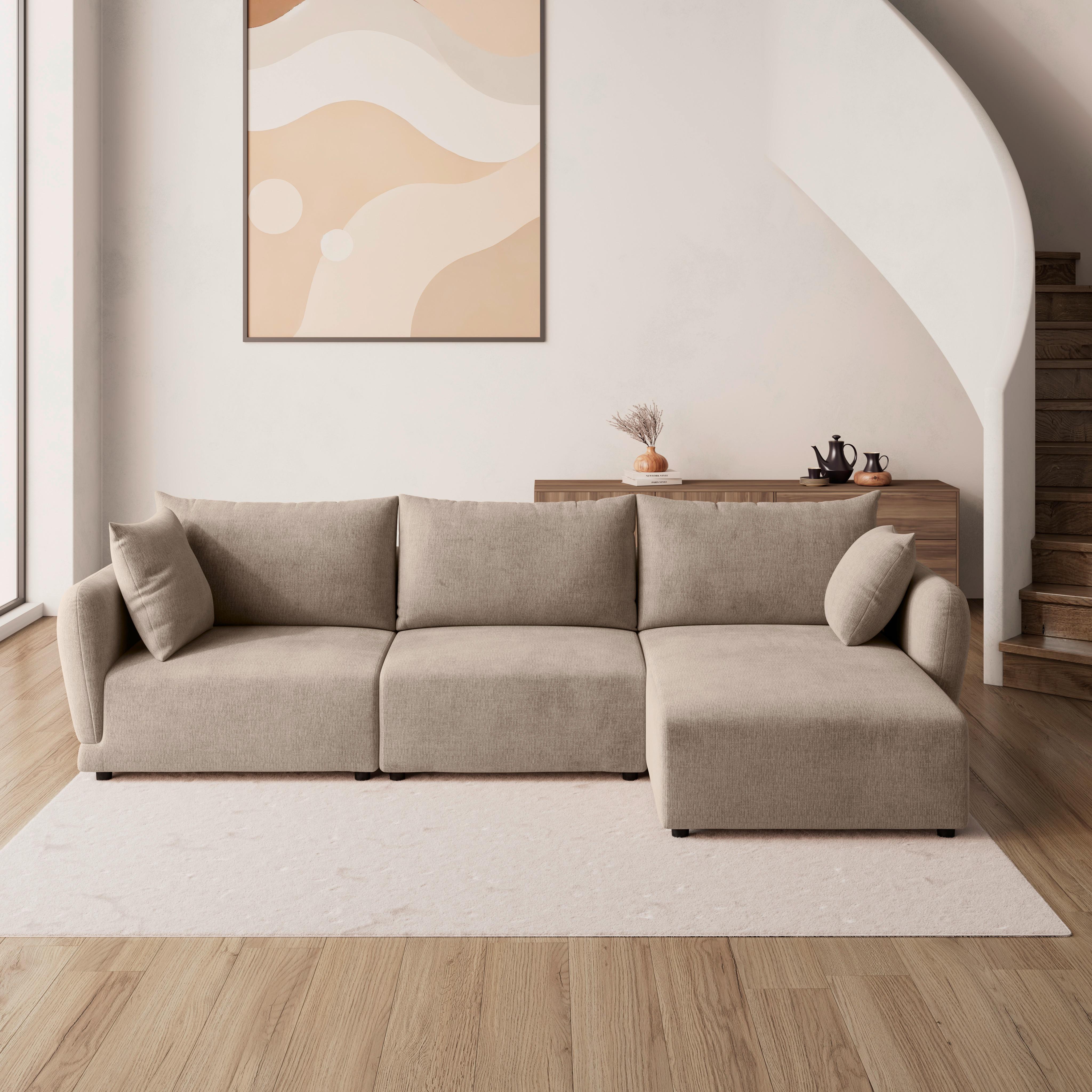 Sedací souprava NICOLE, pravá, béžová, max. do 480 kg - černá/šedobéžová, Moderní, dřevo/textil (306/87/162cm) - Bessagi Home