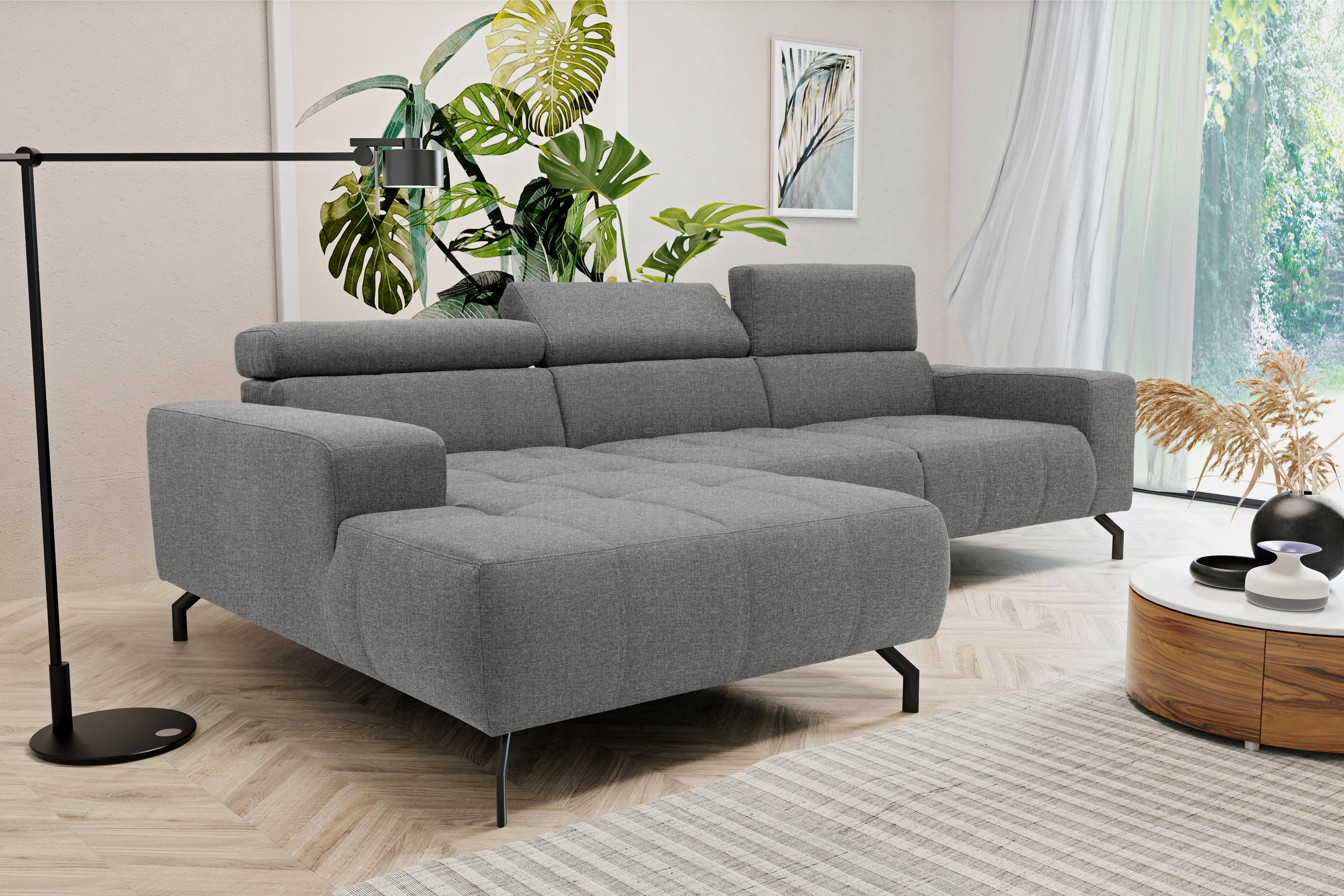 Ecksofa Cunelli Mit Kopfteilverstellung Silbern - Silberfarben/Schwarz, Design, Textil (175/292cm) - MID.YOU