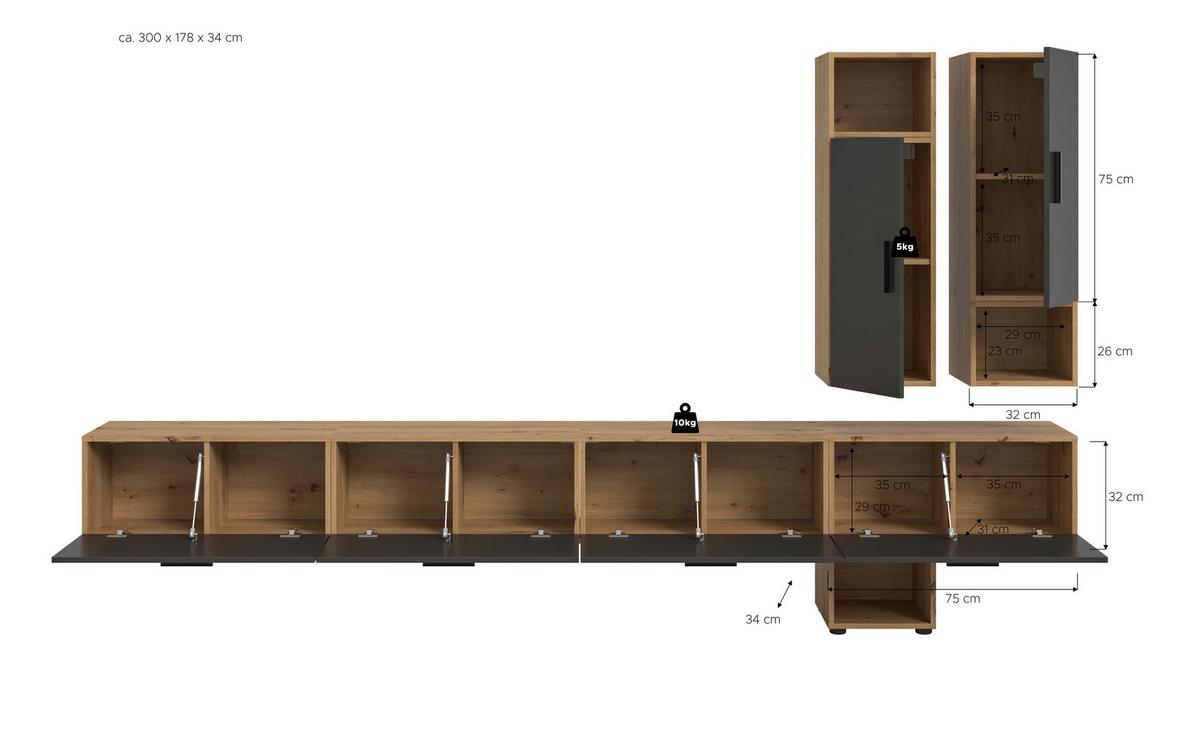 Wohnwand, The One 7, B: 300 cm Grau/Artisan Eiche Dekor - Schwarz/Eiche Artisan, Trend, Holzwerkstoff (300/178/34cm)