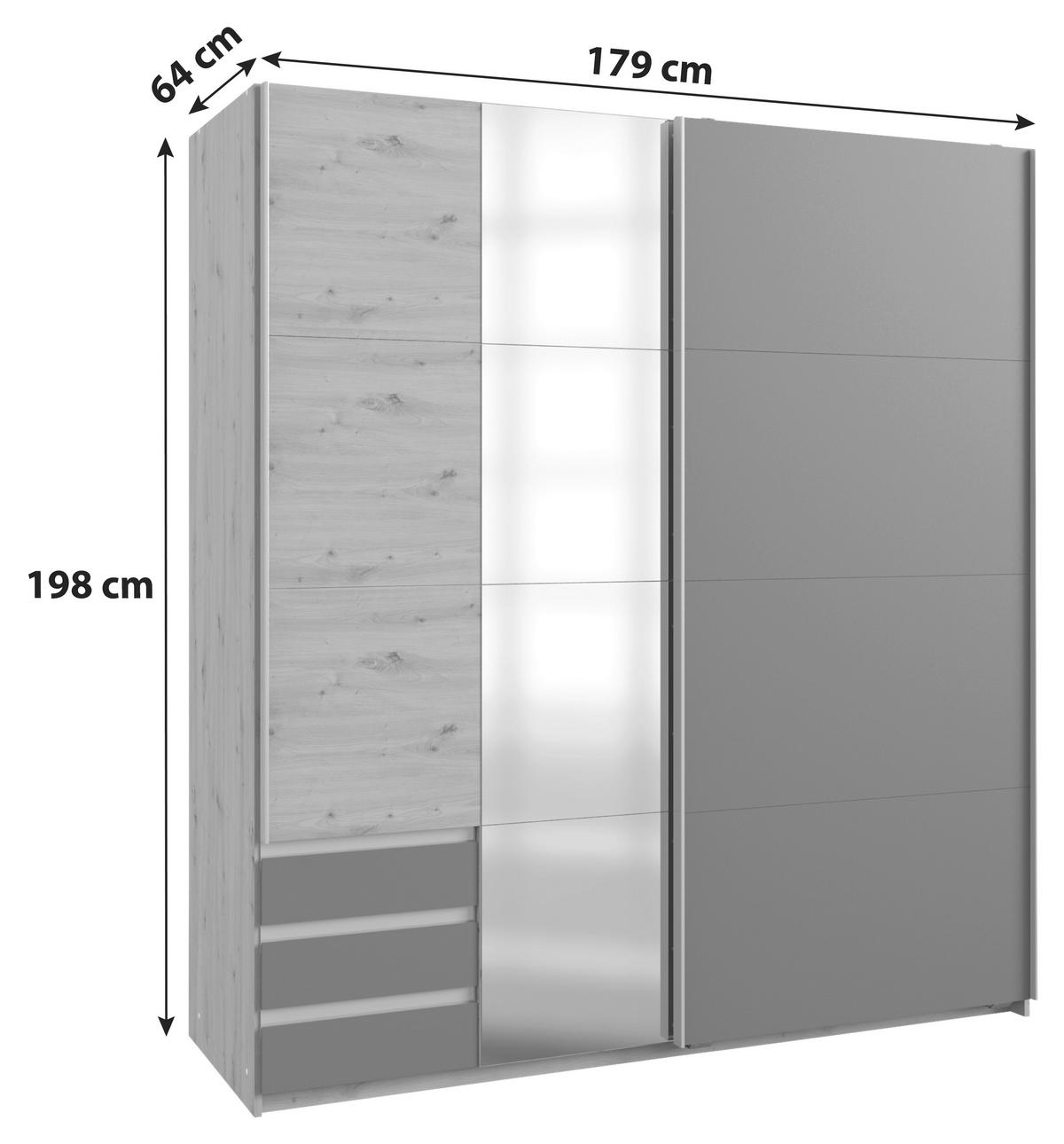 Schwebetürenschrank Mit Glas + Laden 179cm Aurich, Graphit - Eichefarben/Graphitfarben, Basics, Holzwerkstoff (179/198/64cm) - Livetastic