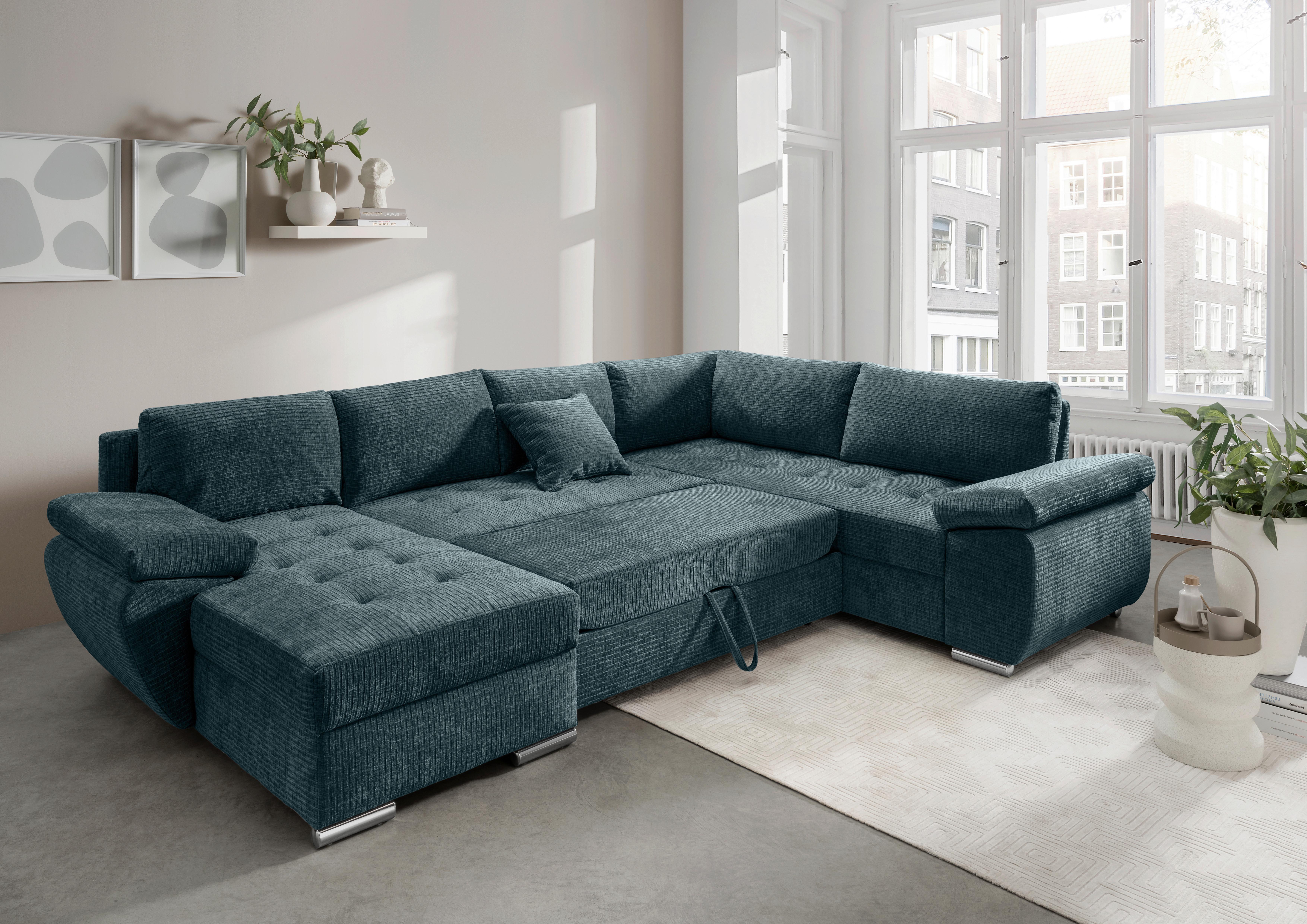Wohnlandschaft Terana Blau mit Schlaffunktion, Mikrofaser - Chromfarben/Blau, KONVENTIONELL, Textil (157/305/219cm) - Livetastic