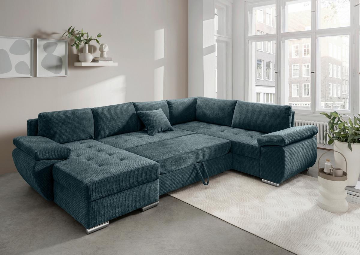 Wohnlandschaft Terana Blau mit Schlaffunktion, Mikrofaser - Chromfarben/Blau, KONVENTIONELL, Textil (157/305/219cm) - Livetastic