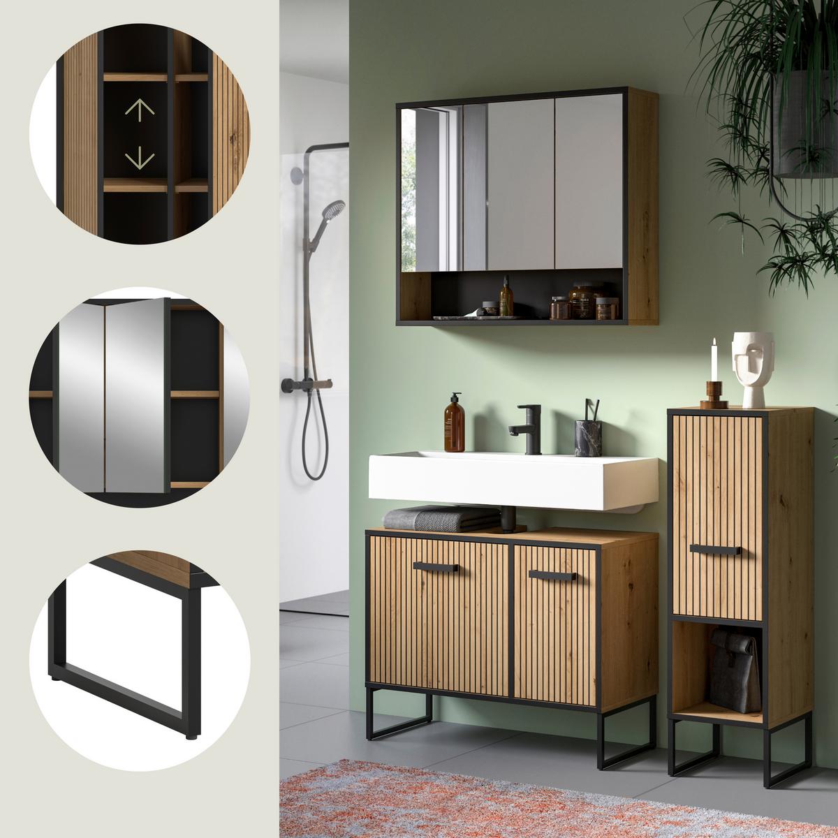 Badezimmer Bagno Schwarz /Eiche Artisan Dekor B: 110cm - Schwarz/Eiche Artisan, Trend, Glas/Holzwerkstoff (110cm) - MID.YOU