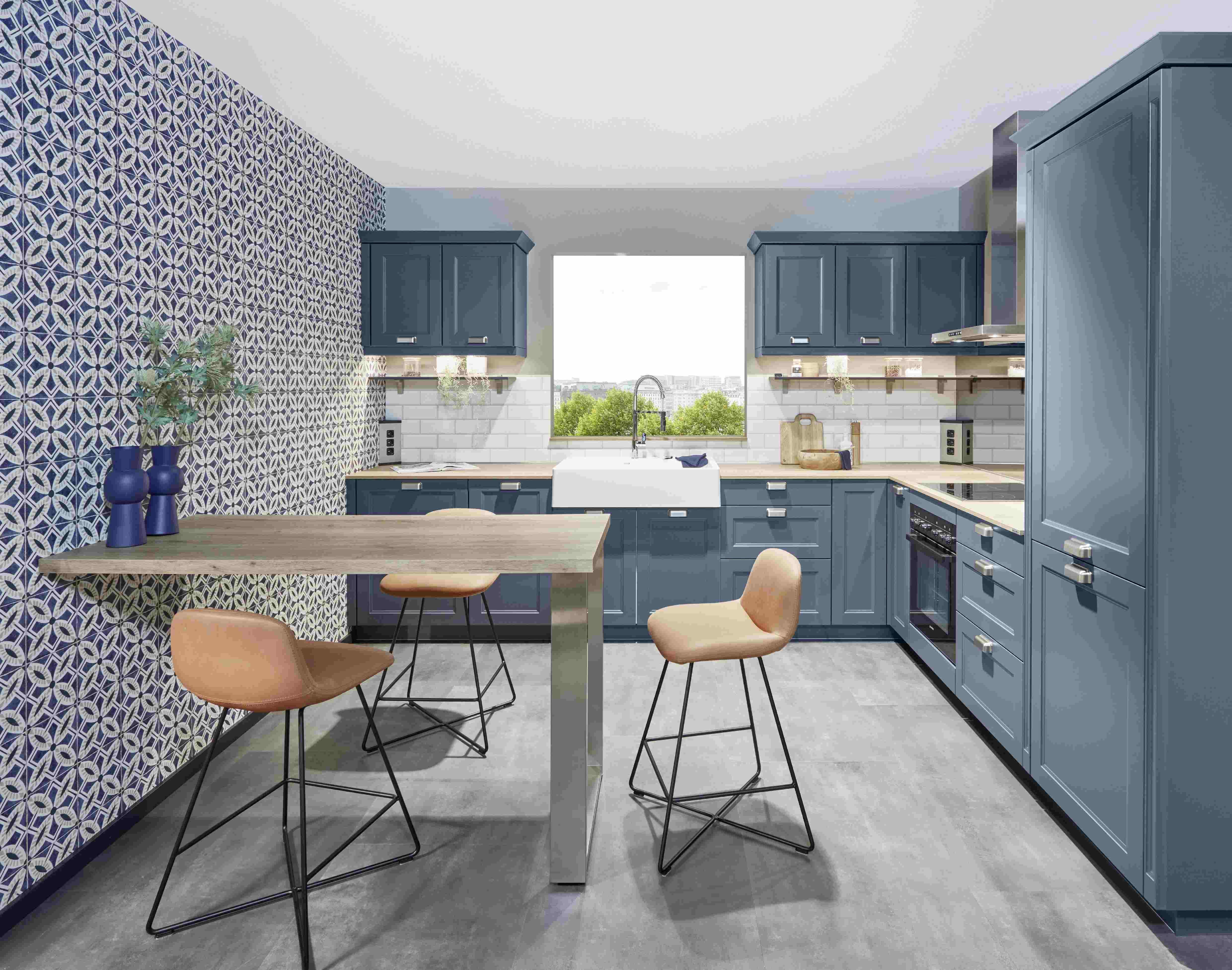 Einbauküche Columbia Frei Planbar Landhausstil - Blau/Eichefarben, MODERN, Holzwerkstoff - Vertico