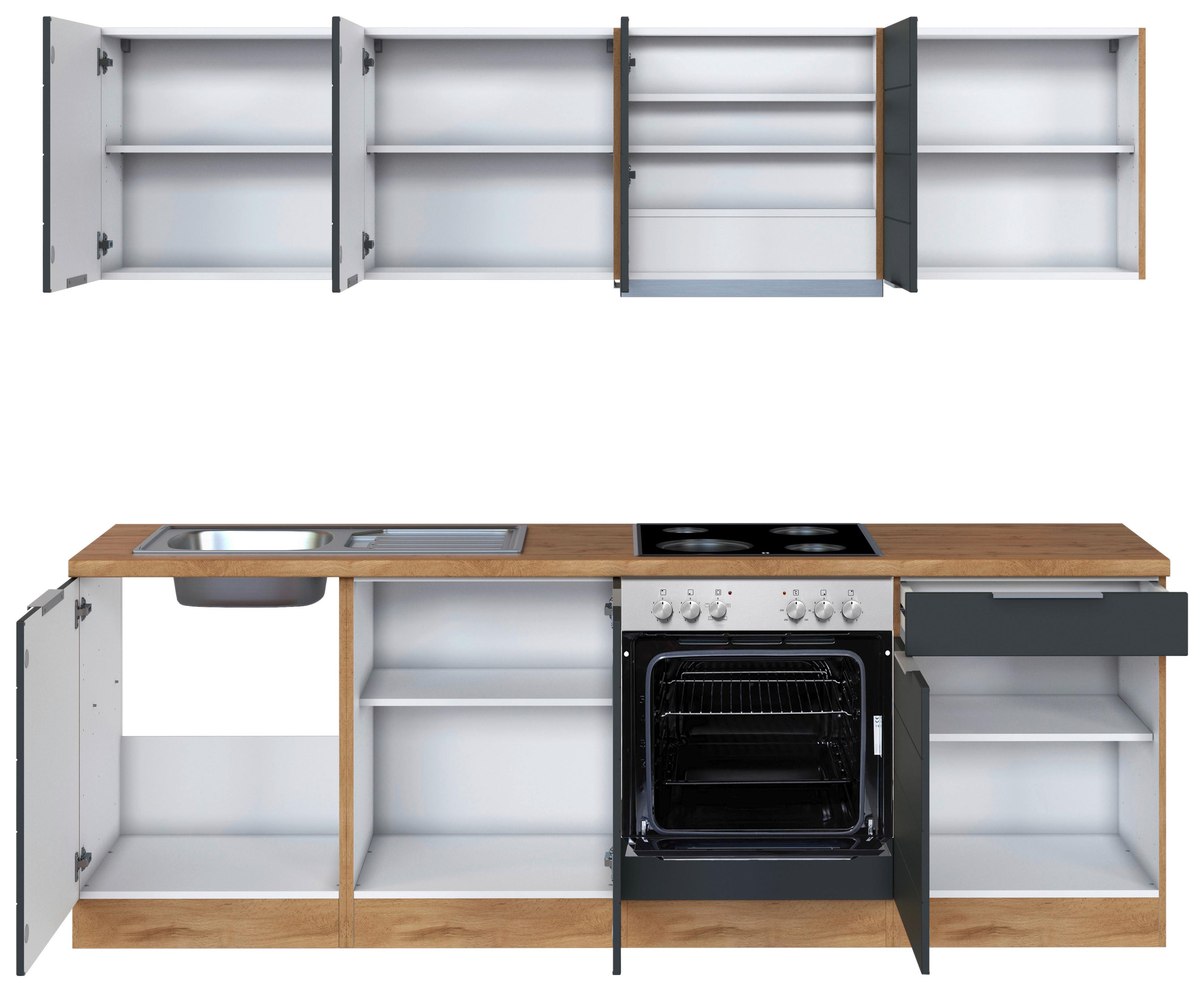 Küchenzeile Florenz mit Geräten 240cm Grau/Eichef. - Eiche Wotan/Weiß, Design, Holzwerkstoff (240cm) - Held