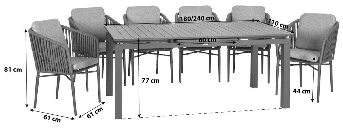 Gartenmöbel Set 7--teilig. Metall/Textil mit Kissen - Anthrazit/Grau, Basics, Textil/Metall (180/240/100/70cm) - Gardenson