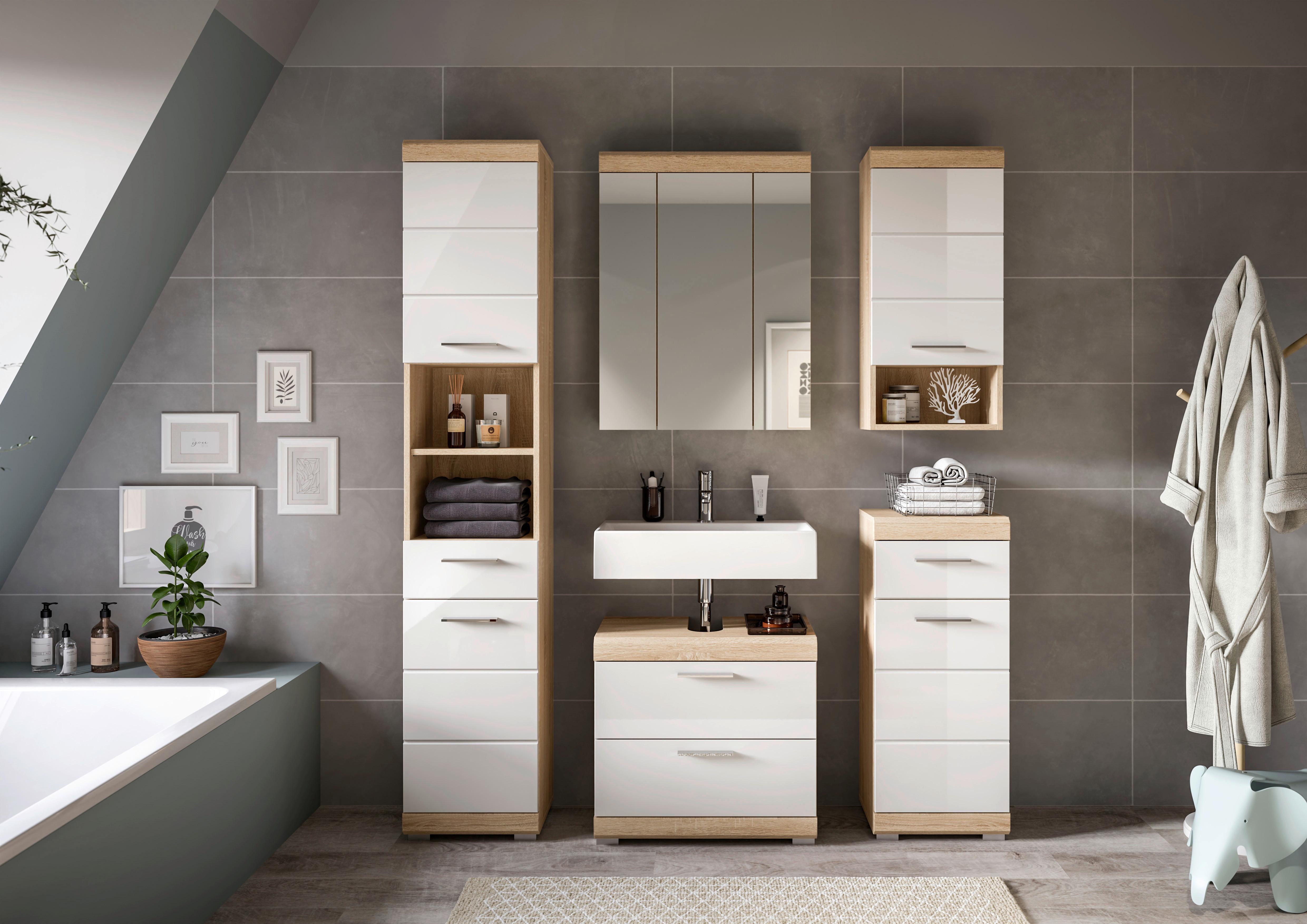 Badezimmer Lambada Eiche Dekor/weiß B: 134 Cm - Weiß Hochglanz/Sonoma Eiche, MODERN, Glas/Holzwerkstoff (134cm) - MID.YOU