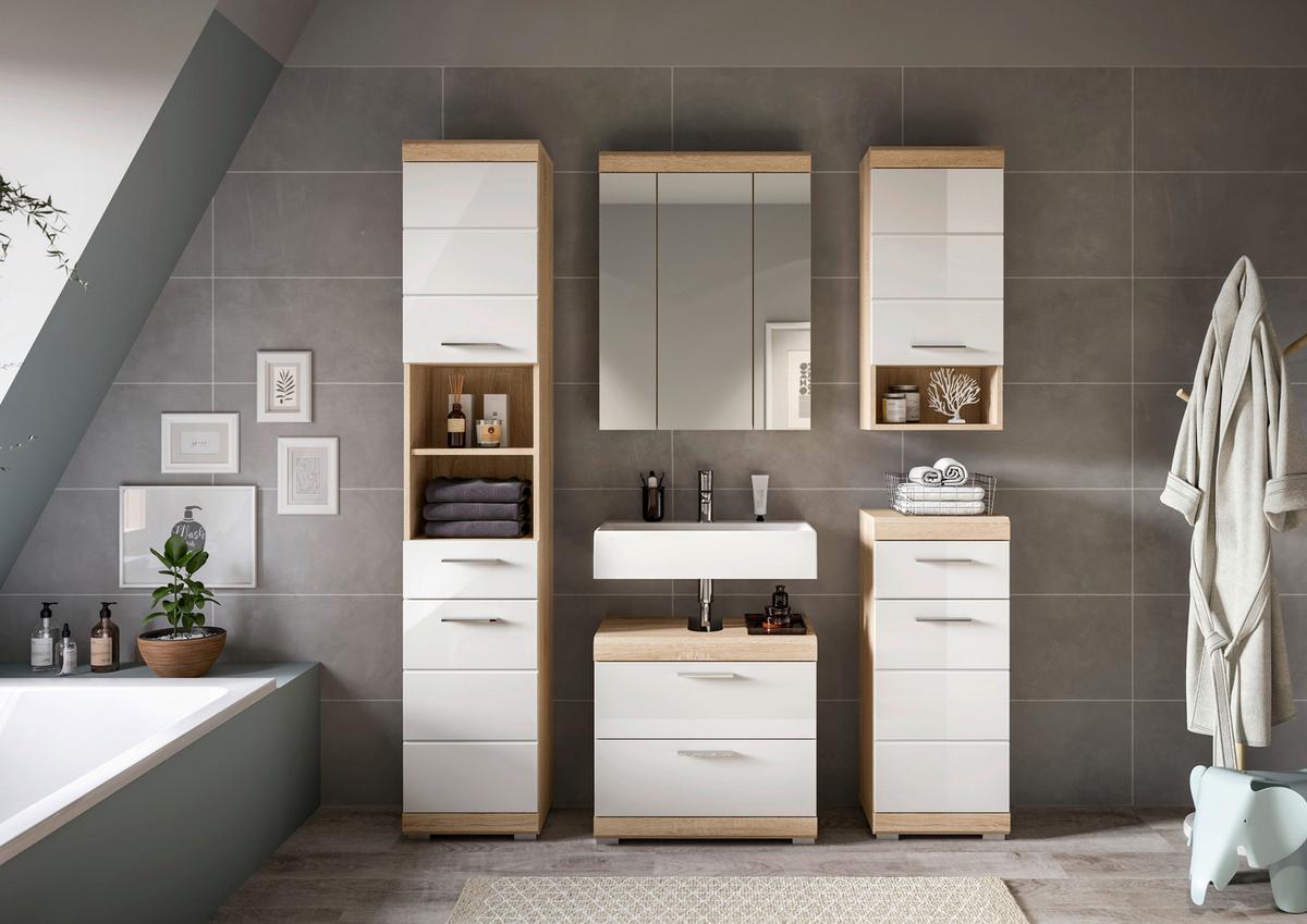 Badezimmer Lambada Eiche Dekor/weiß B: 134 Cm - Weiß Hochglanz/Sonoma Eiche, MODERN, Glas/Holzwerkstoff (134cm) - MID.YOU