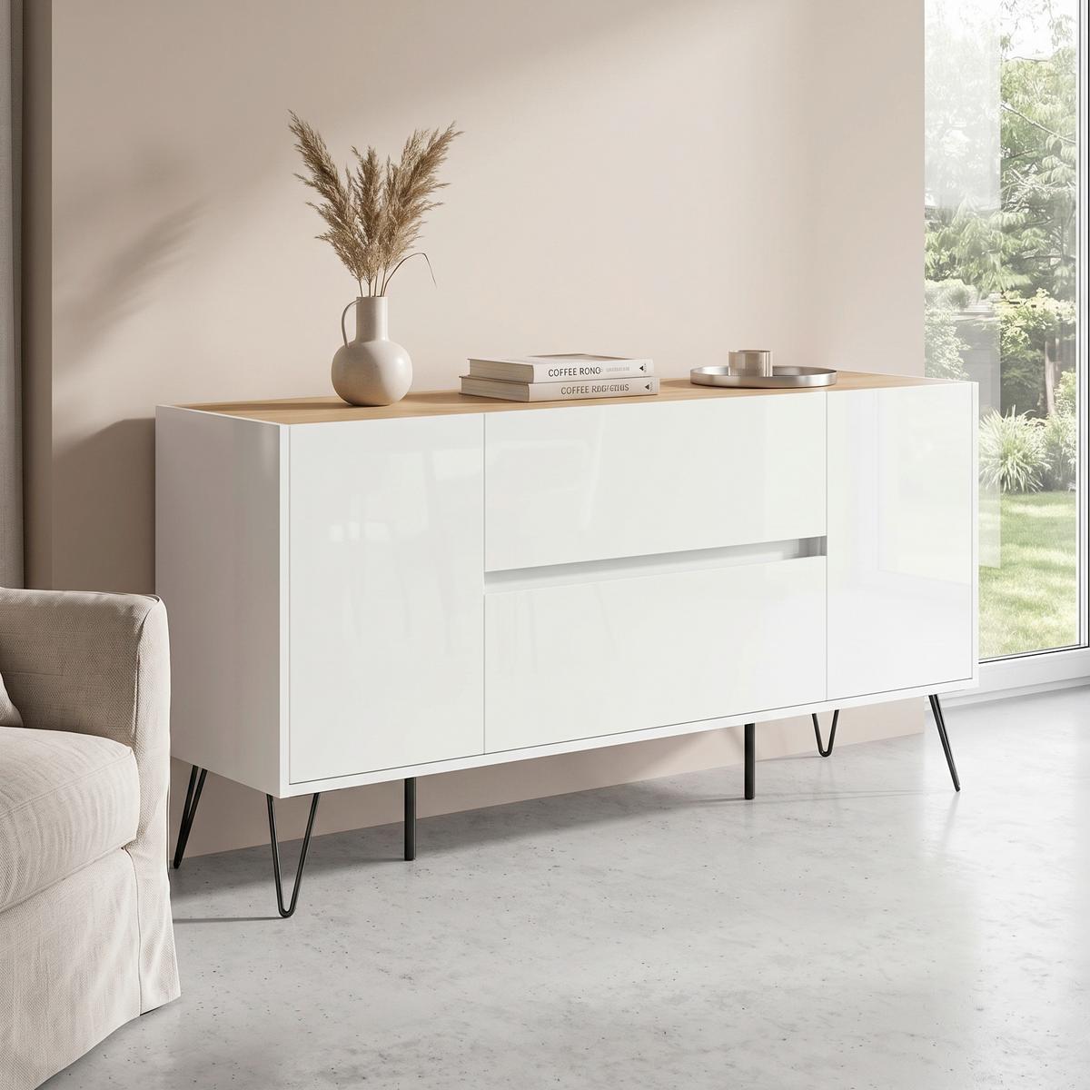 Sideboard Posseik Industrial Weiß B: 155 cm - Weiß Hochglanz/Schwarz, Design, Holzwerkstoff (155/75,8/42cm) - MID.YOU