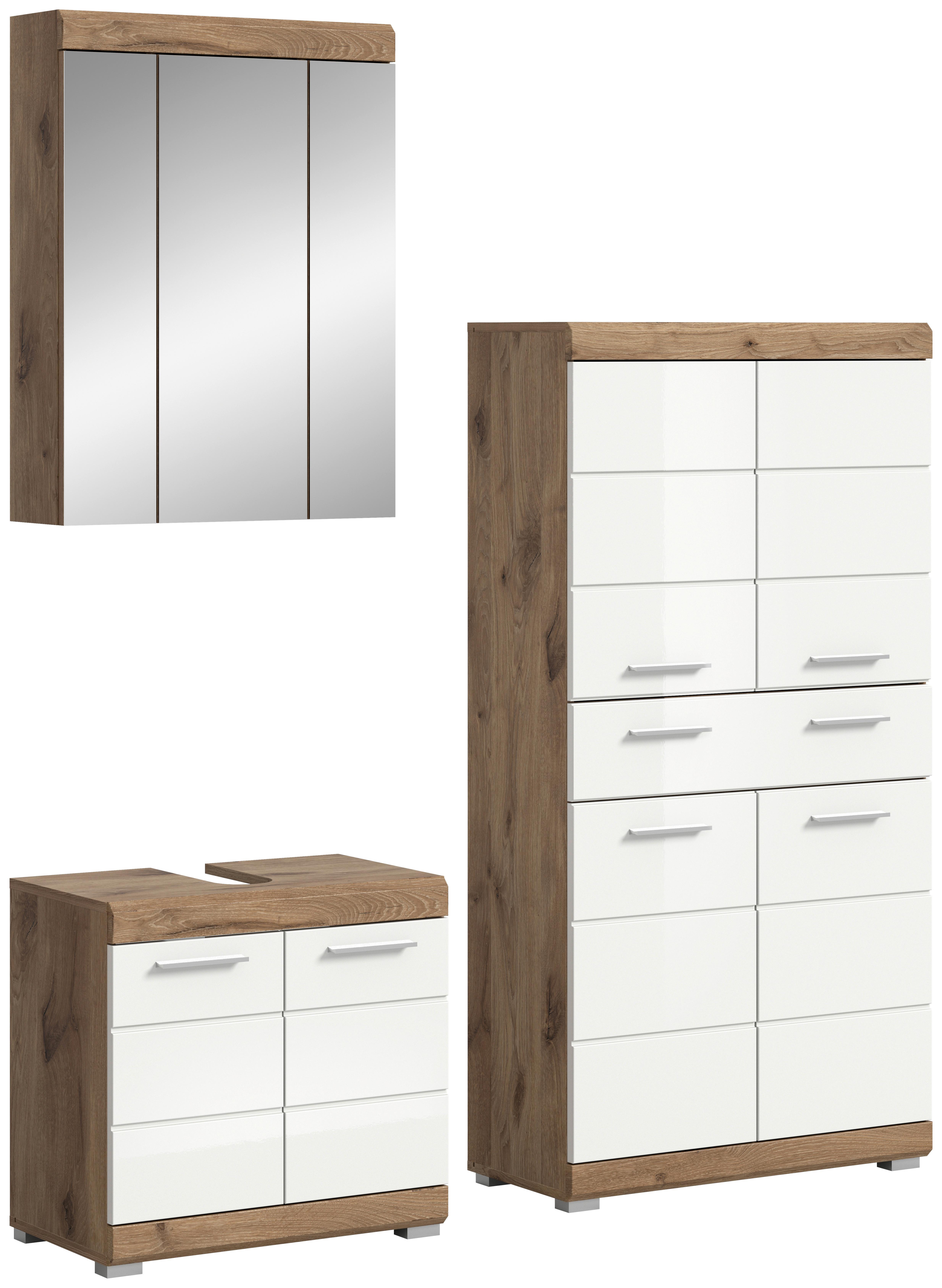 Badezimmer Eichefarben Dekor Weiß Hg - Weiß Hochglanz/Eichefarben, MODERN, Glas/Holzwerkstoff (134cm) - MID.YOU