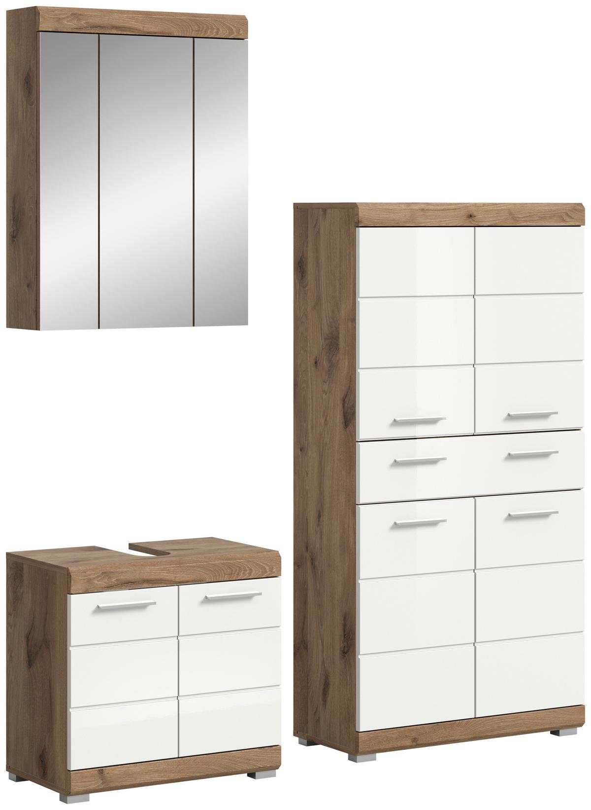 Badezimmer Eichefarben Dekor Weiß Hg - Weiß Hochglanz/Eichefarben, MODERN, Glas/Holzwerkstoff (134cm) - MID.YOU