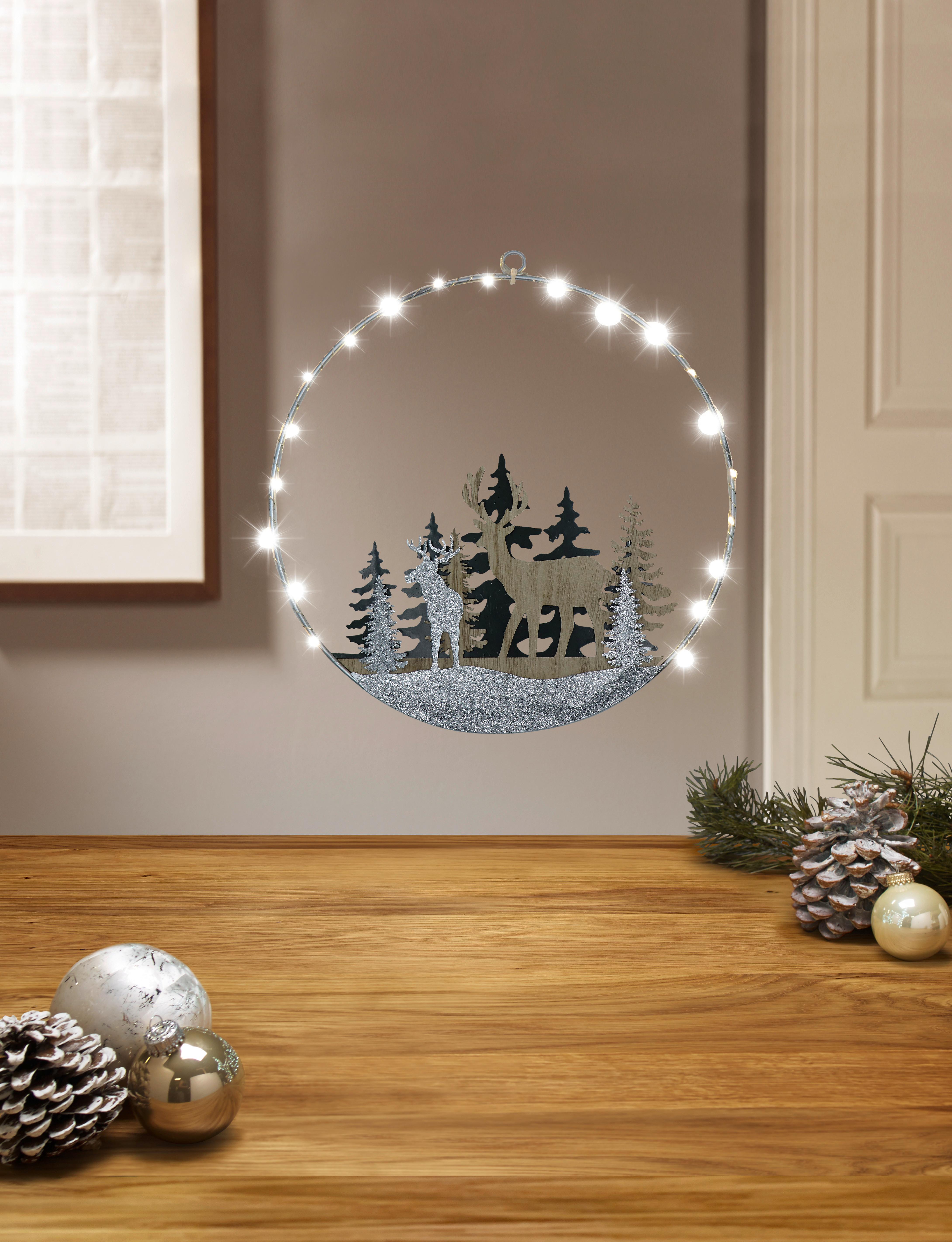 LED-Dekoleuchte Blyde Ring mit Winterwaldmotiv - Silberfarben/Naturfarben, ROMANTIK / LANDHAUS, Holz/Metall (30cm) - James Wood