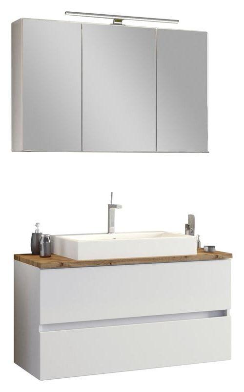 Badmöbel-set 3-tlg. Inkl. Led Pienza B: 100 Cm, Weiß - Eichefarben/Weiß, Basics, Keramik/Holzwerkstoff (100cm) - Held